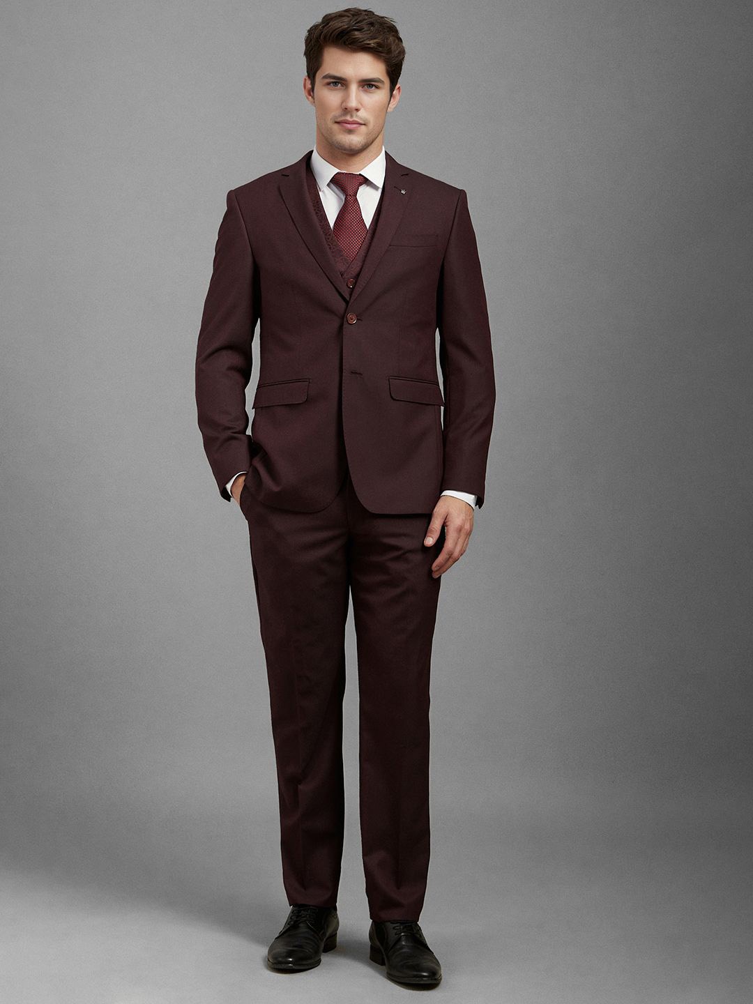 

Louis Philippe Textured Slim Fit Single-Breasted Three Piece Formal Suit, Maroon
