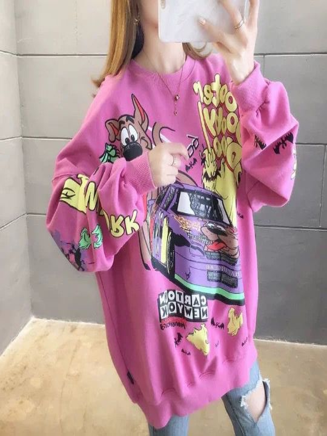 

MADE FOR HER LABEL Women Printed Oversized Sweatshirt, Pink