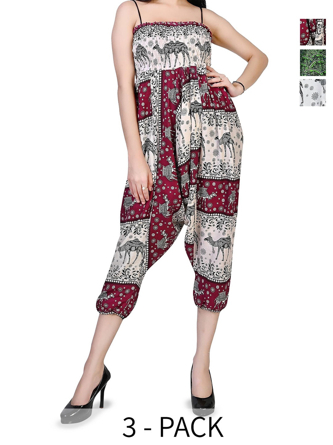 

NarNari Women Pack Of 3 Printed Mid-Rise Harem Pants, Green