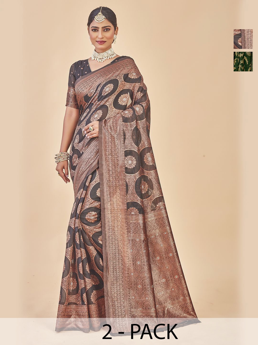 

Anouk Rustic Pack of 2 Woven Design Zari Banarasi Saree, Black