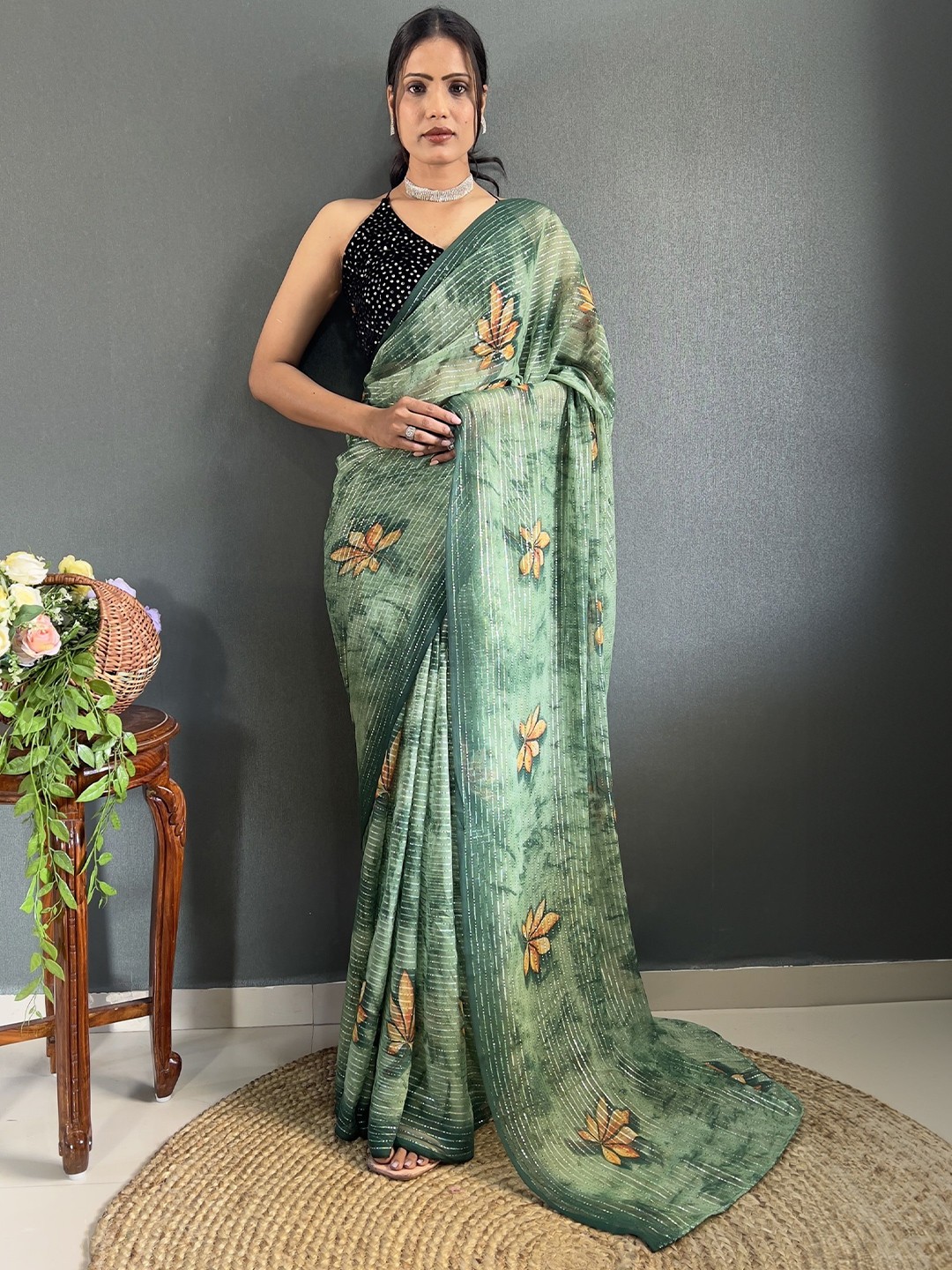 

Moda Rapido Striped Pure Georgette Saree, Sea green
