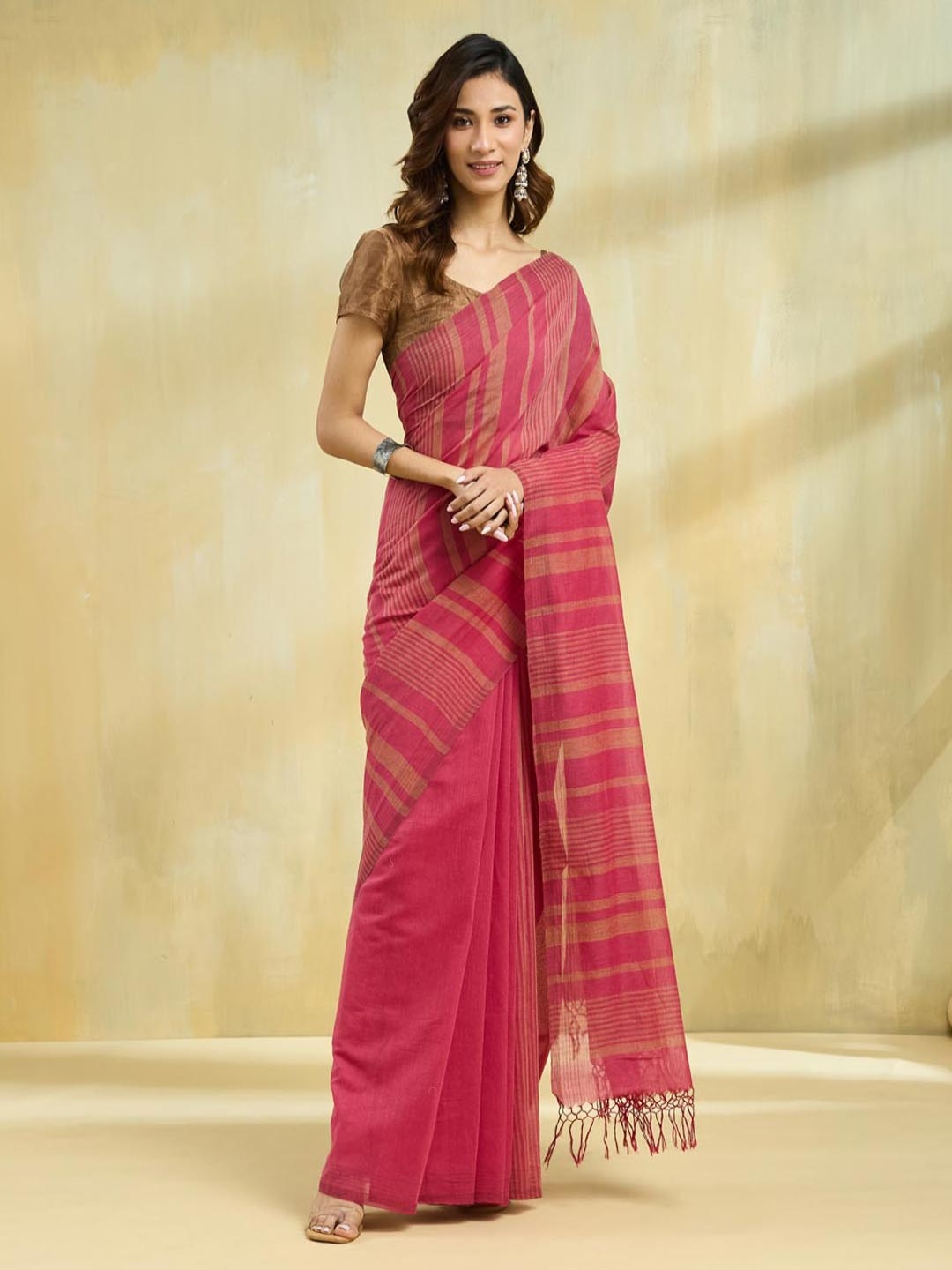 

Fabindia Striped Woven Design Pure Cotton Saree, Pink