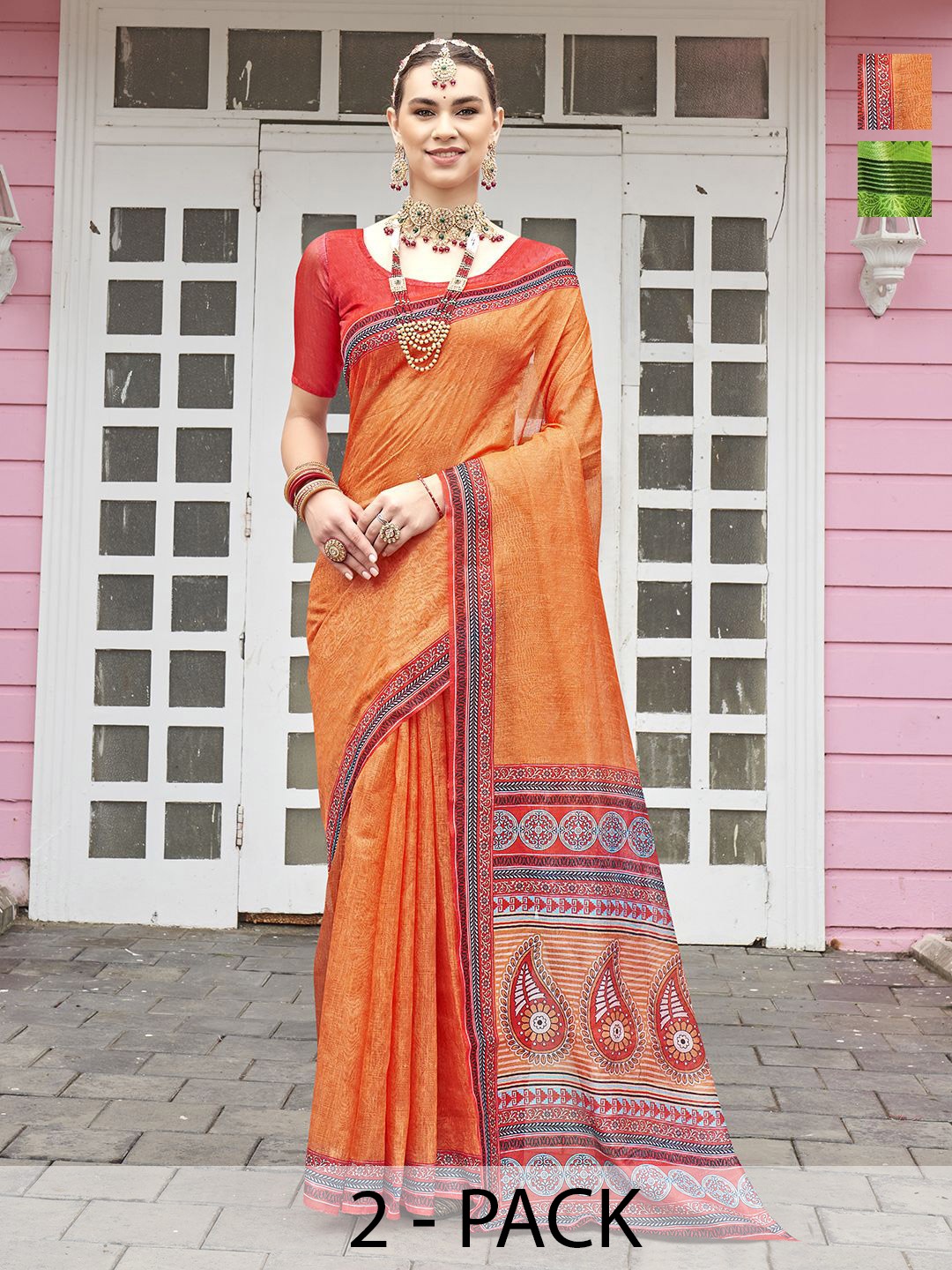 

Anouk Rustic Pack of 2 Paisley Printed Saree, Orange