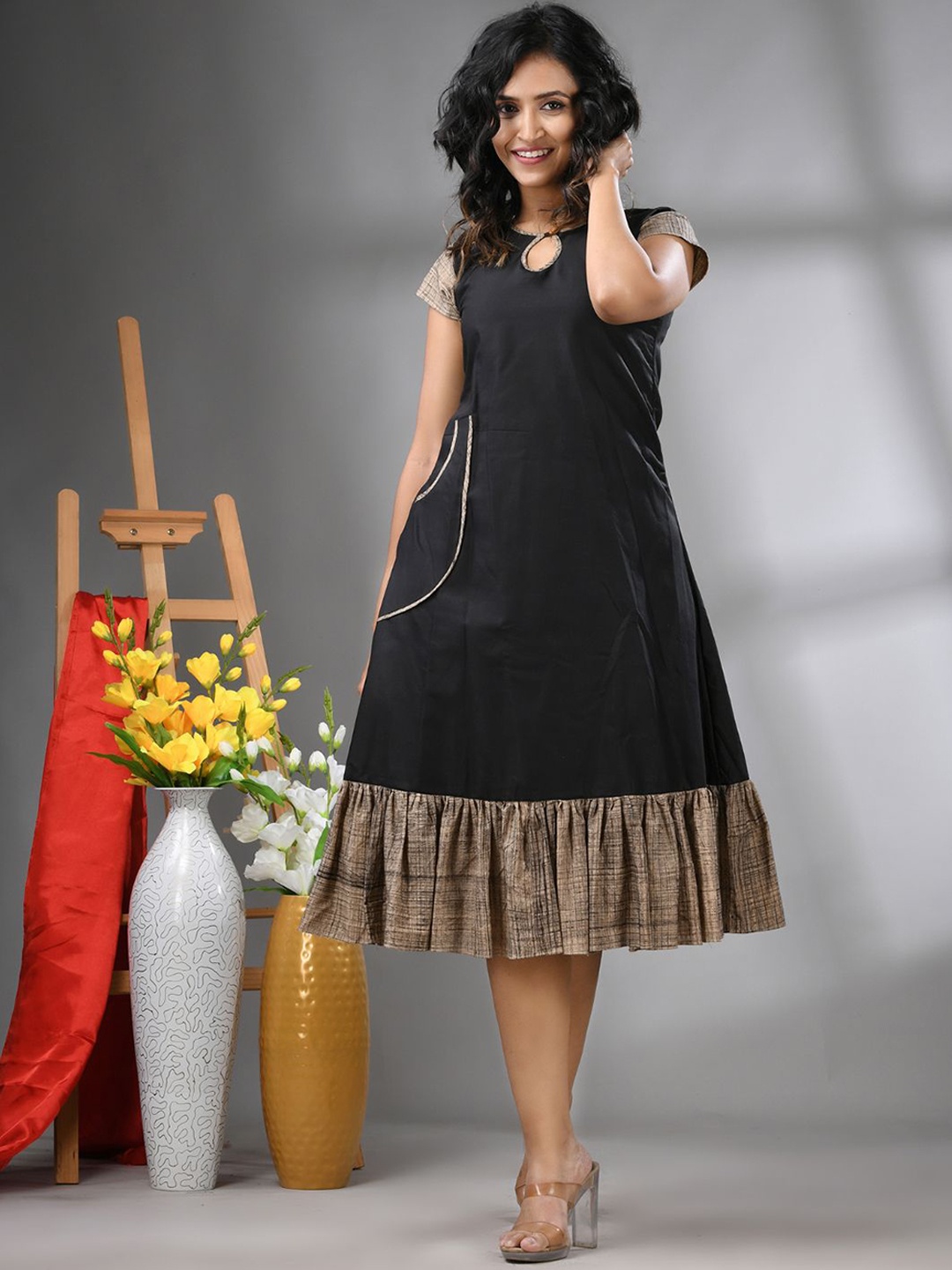 

Charukriti A-line Ethnic Dress With Ruffle, Black