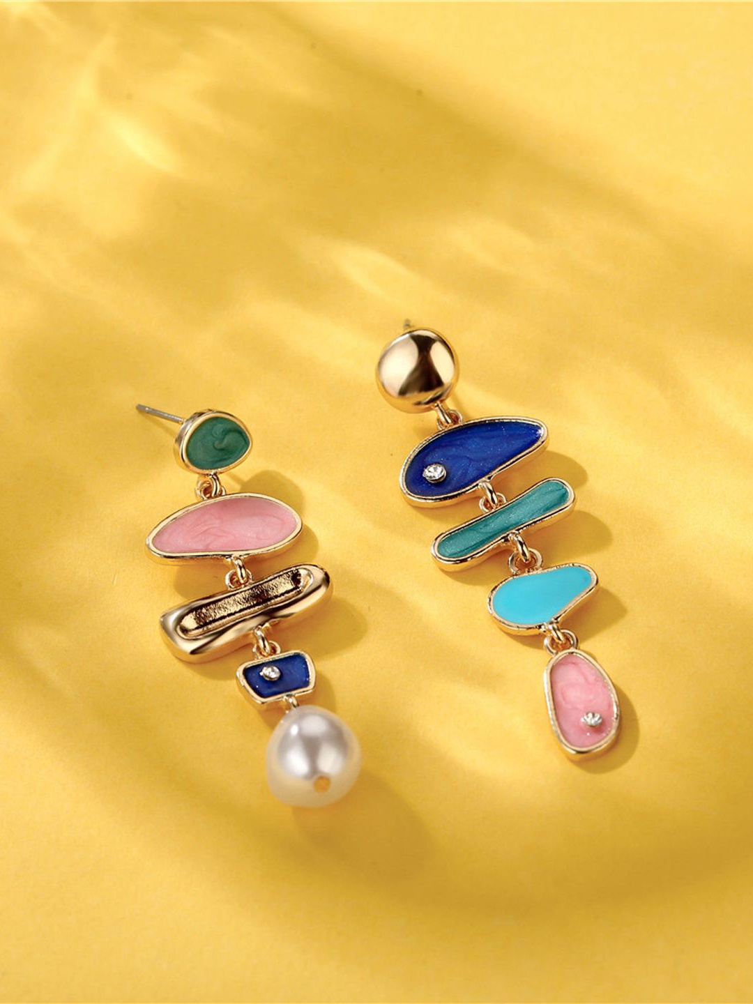 

Just Lil Things Contemporary Shaped Enamelled Drop Earrings, Gold