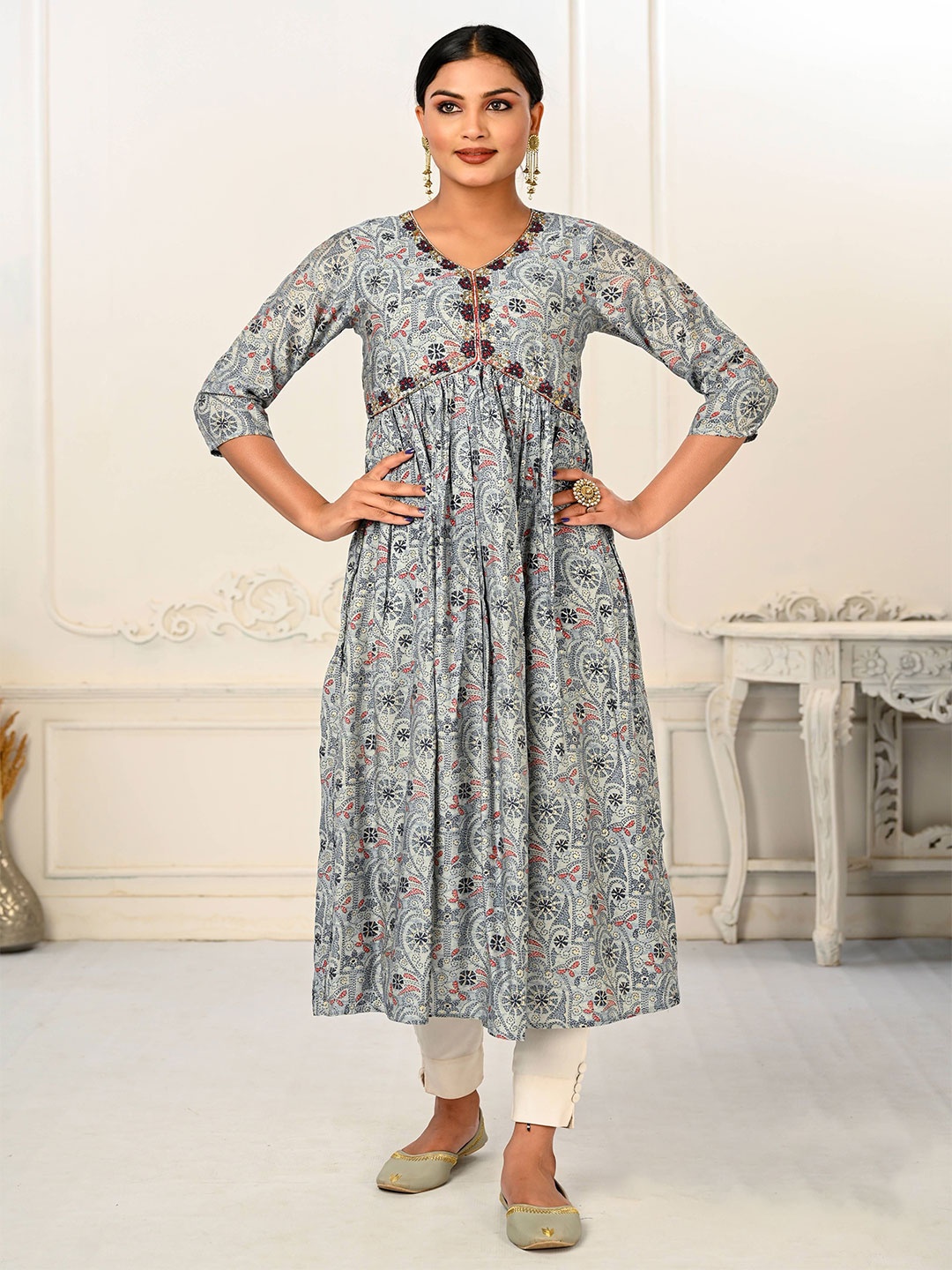 

Krimmple Ethnic Motifs Printed V-Neck Cotton Thread Work Anarkali Kurta, Grey