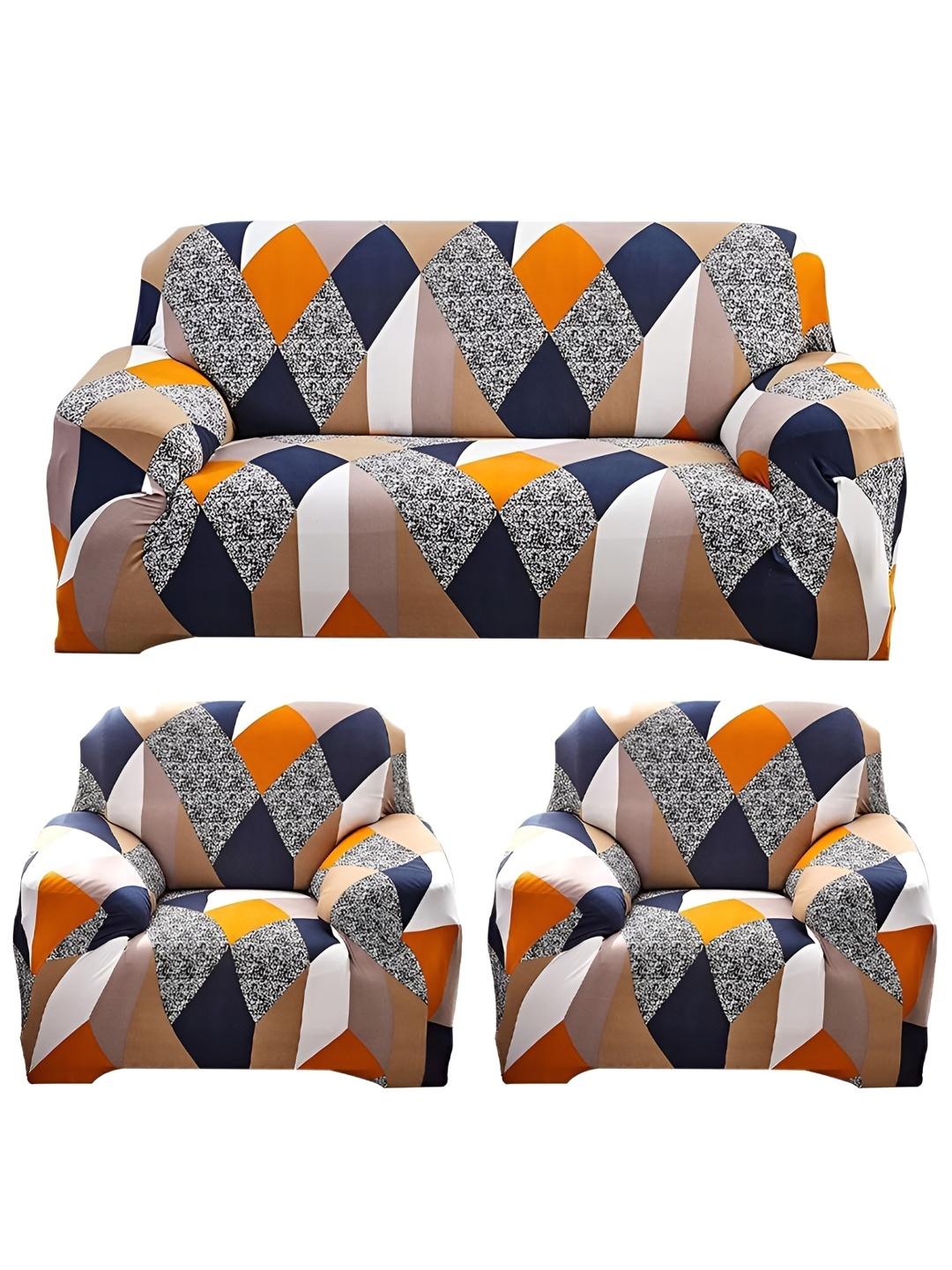 

KriShyam Orange-Coloured & Grey 3 Pieces Geometric Printed 5 Seater Sofa Covers with Arms