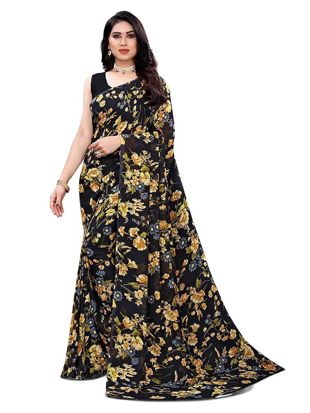 

HERE&NOW Floral Poly Georgette Saree, Black
