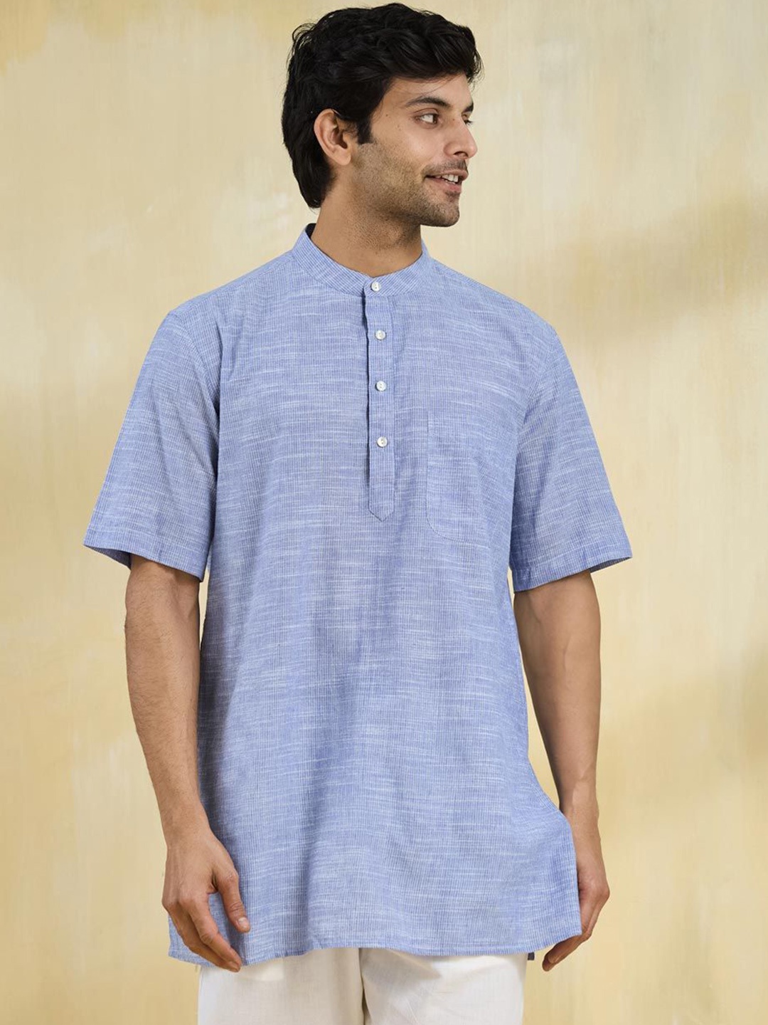 

Fabindia Woven Design Band Collar Cotton Straight Kurta, Blue