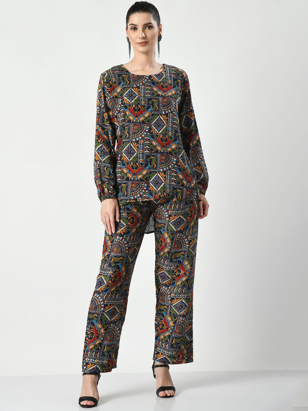 

BAESD Floral Printed Round Neck Tunic With Trousers, Navy blue