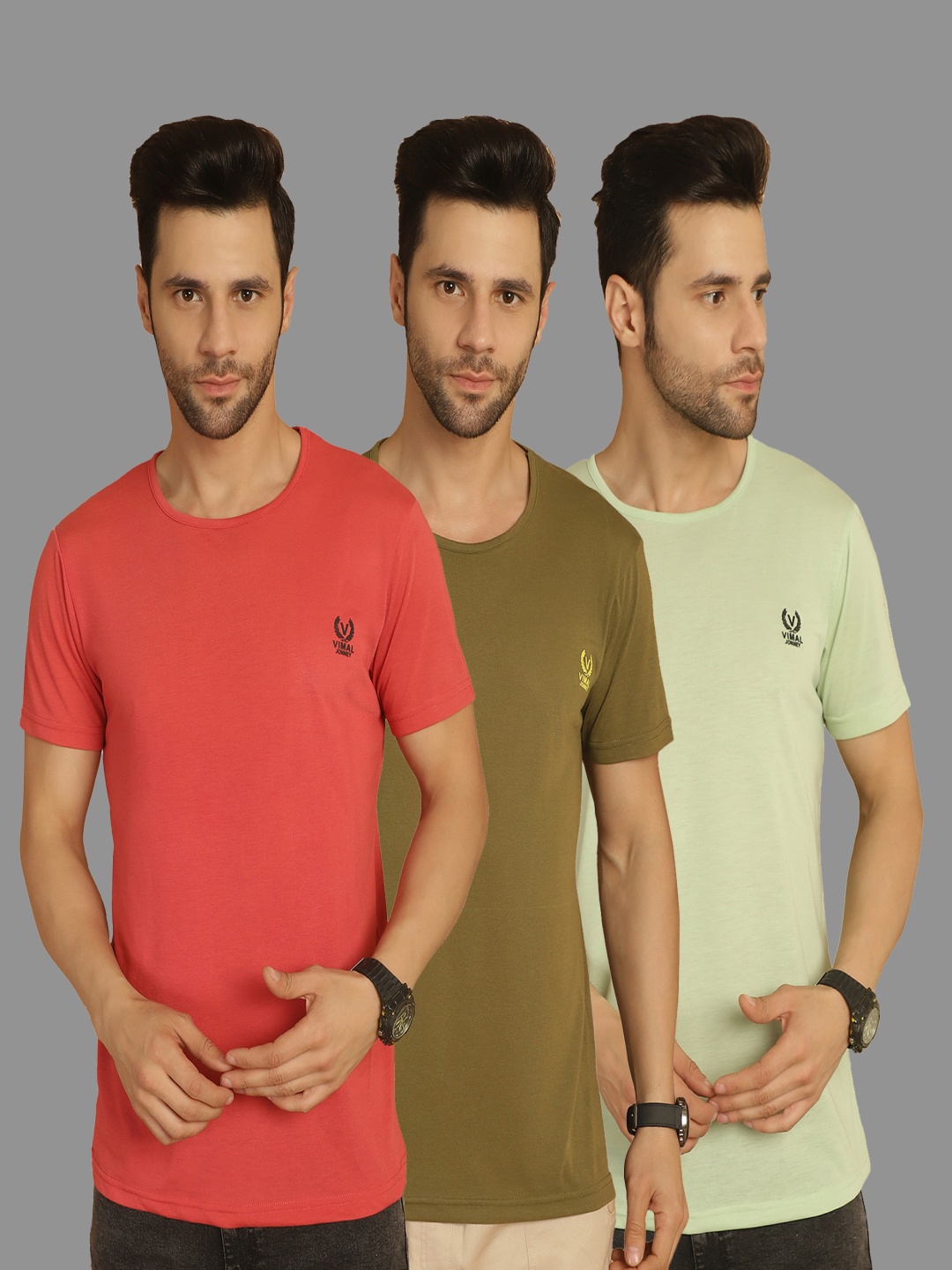 

VIMAL JONNEY Men Pack Of 3 Solid Round Neck Cotton T-shirts, Coral