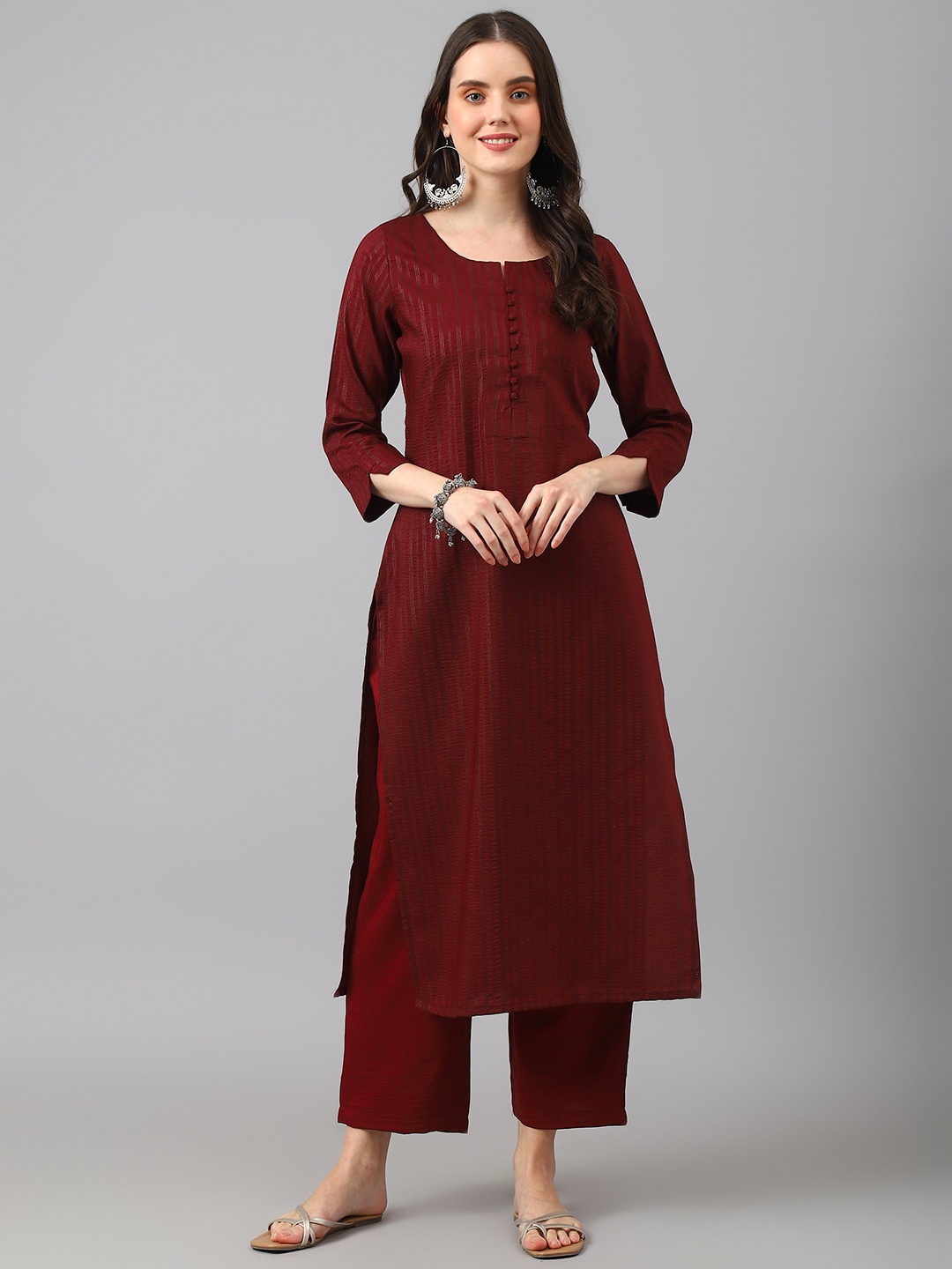 

Fourleaf Women Striped Regular Thread Work Kurta with Trousers, Maroon