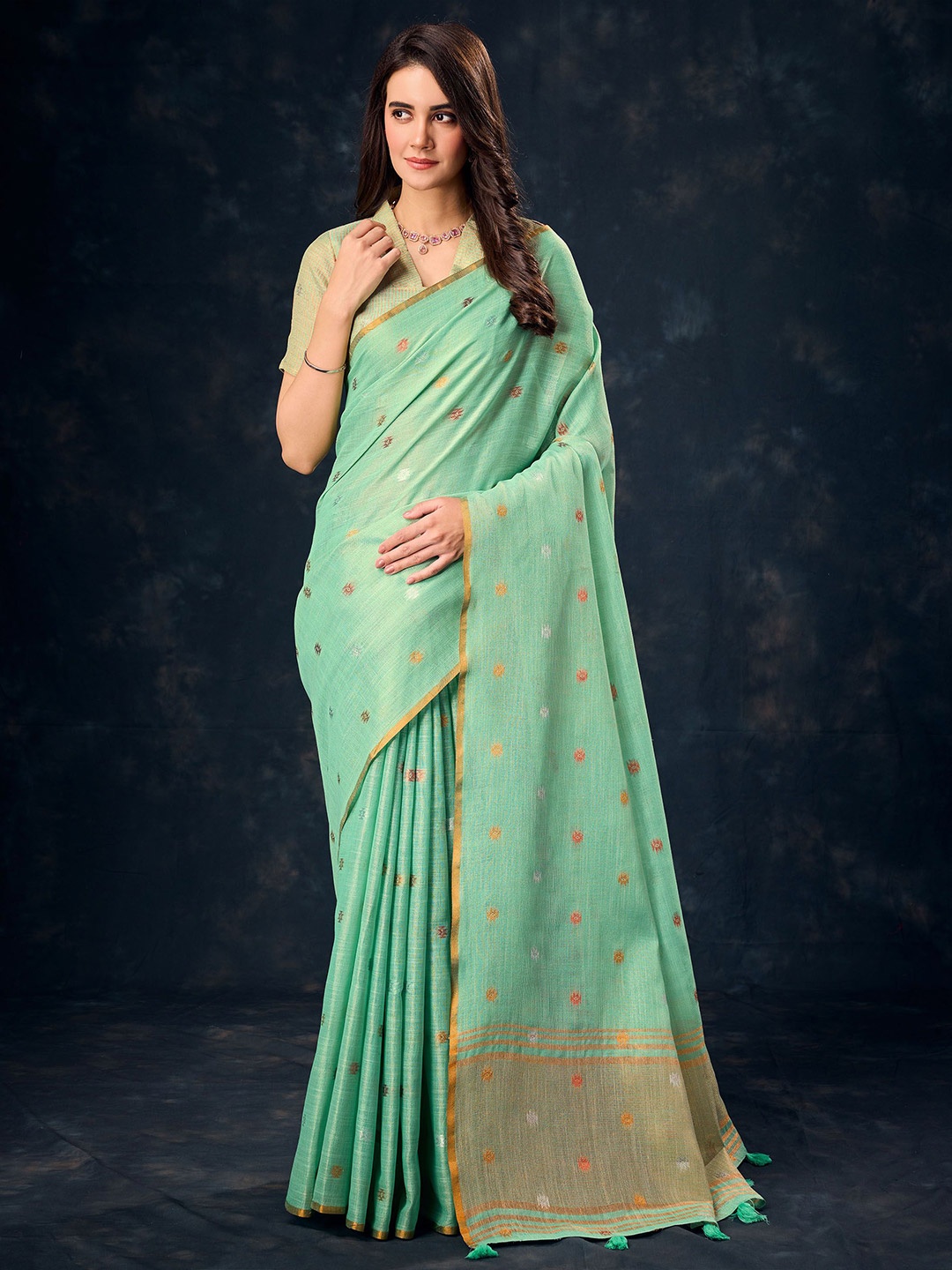

Ethnielle Woven Design Saree With Blouse Piece, Blue