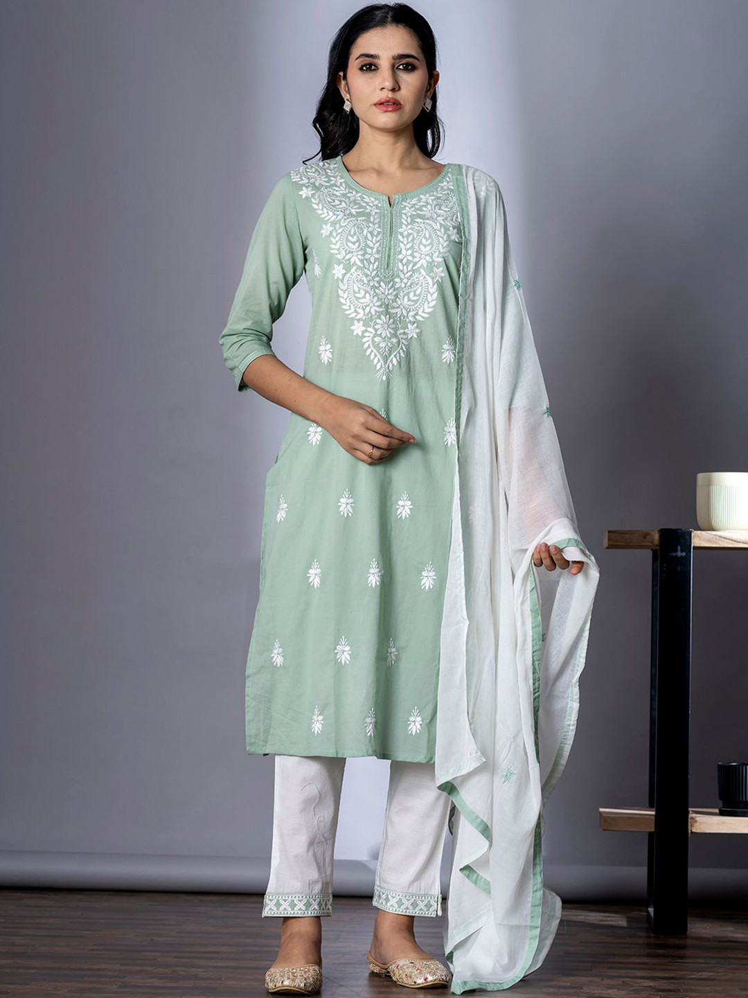 

Readiprint Paisley Thread Work Straight Pure Cotton Kurta With Trousers & Dupatta, Green