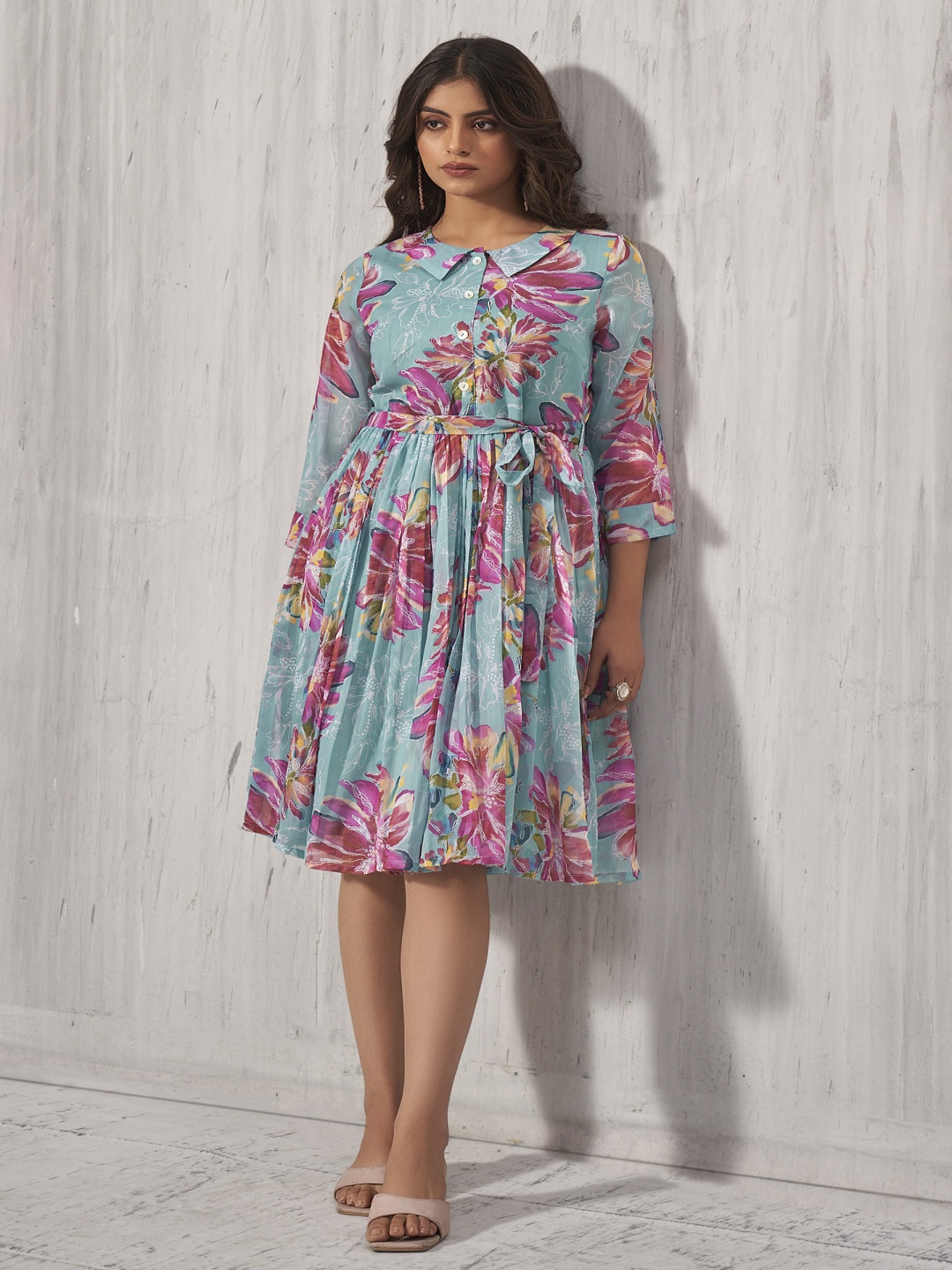 

Anouk Floral Printed Fit & Flared Knee Length Dress, Turquoise blue