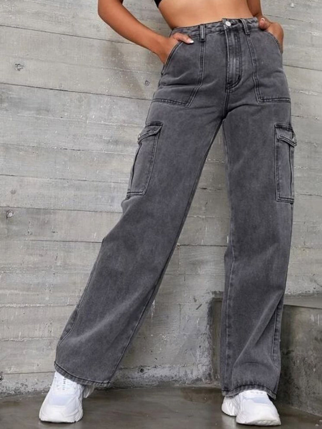 

RIVI Women Jean Straight Fit High-Rise Colourblocked Stretchable Jeans, Grey