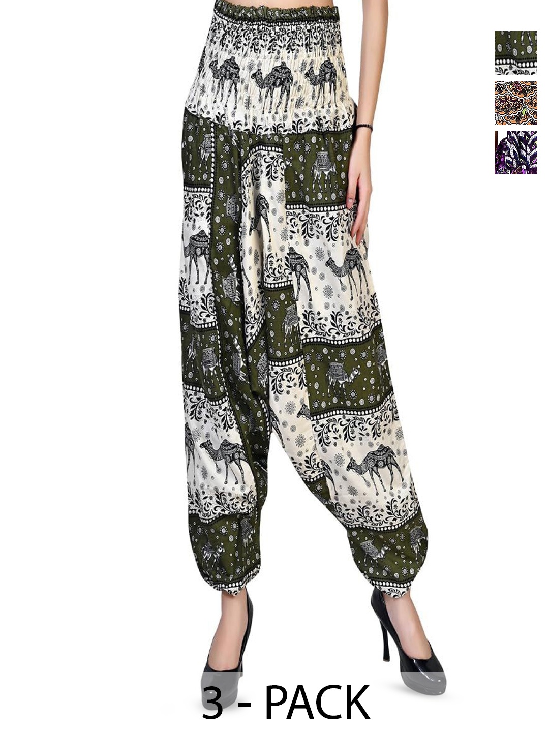 

NarNari Pack Of 3 Printed Harem Pants, Olive