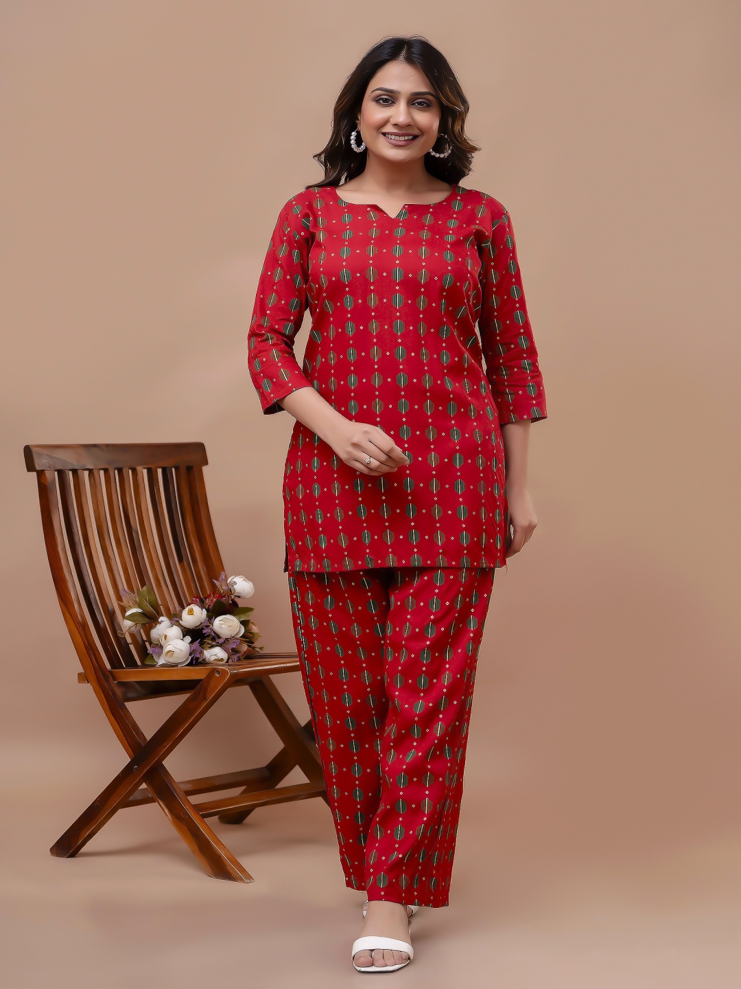 

mad fury Geometric Printed Pure Cotton Tunic With Trousers, Red