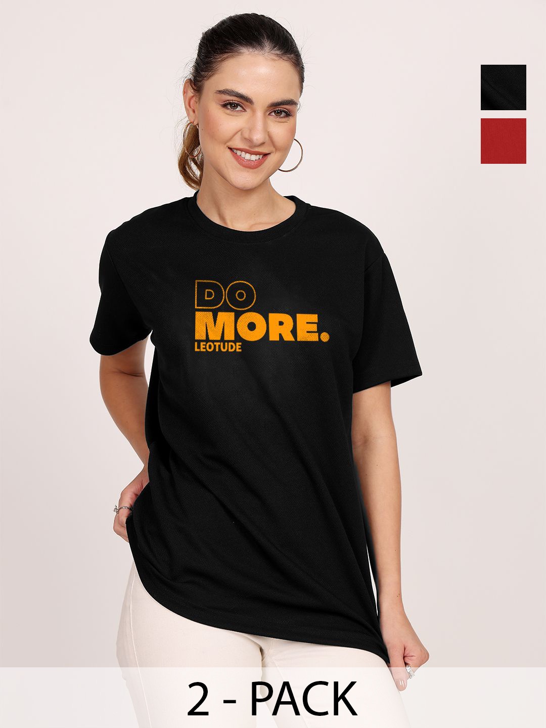

Leotude Women Pack Of 2 Typography Printed Round Neck Cotton T-shirts, Multi