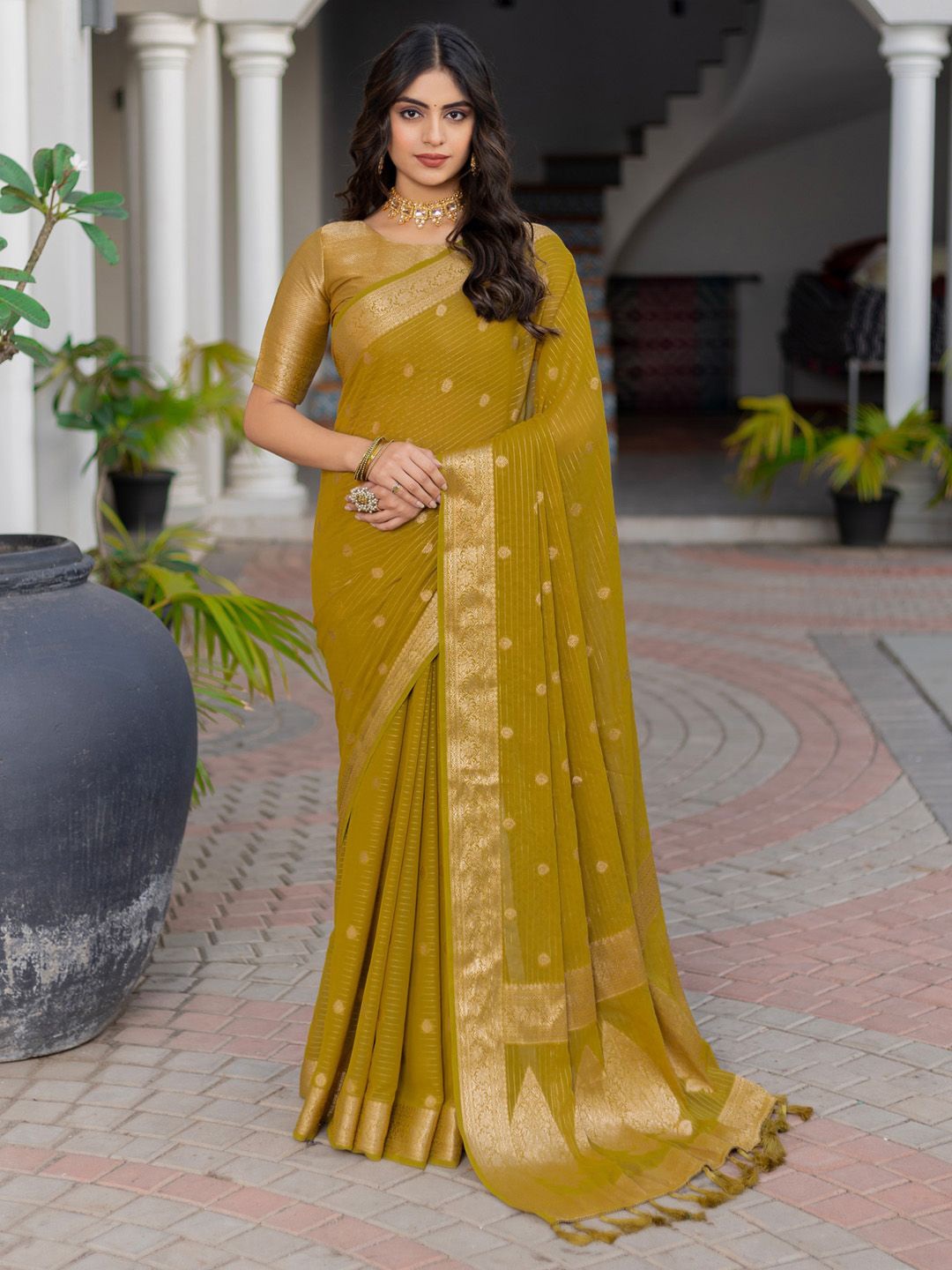 

Saree mall Woven Design Zari Kanjeevaram Saree, Olive