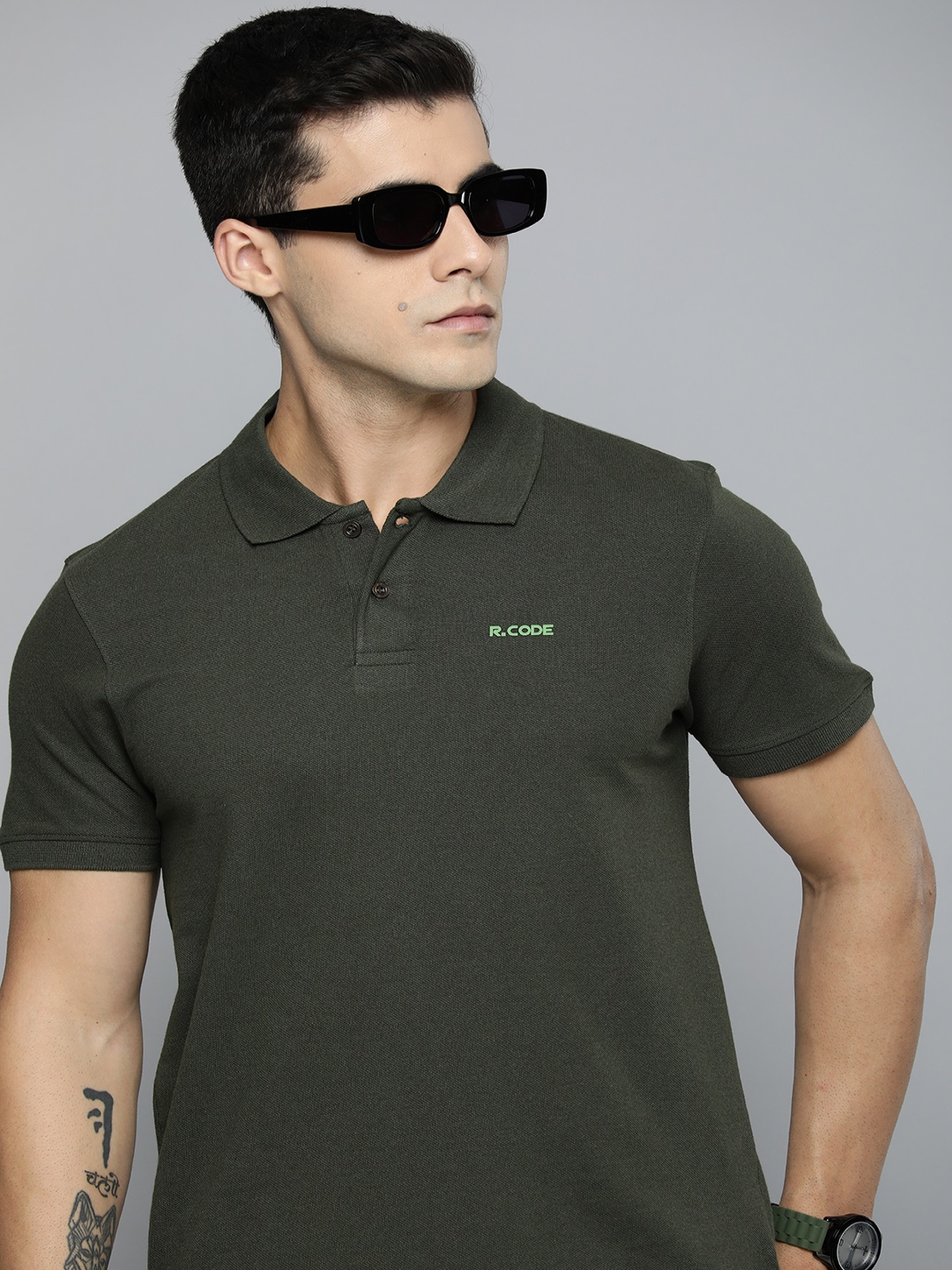 

R.Code by The Roadster Lifestyle Co. Men Regular Fit Pack Of 2 Solid Polo Cotton T-shirts, Olive