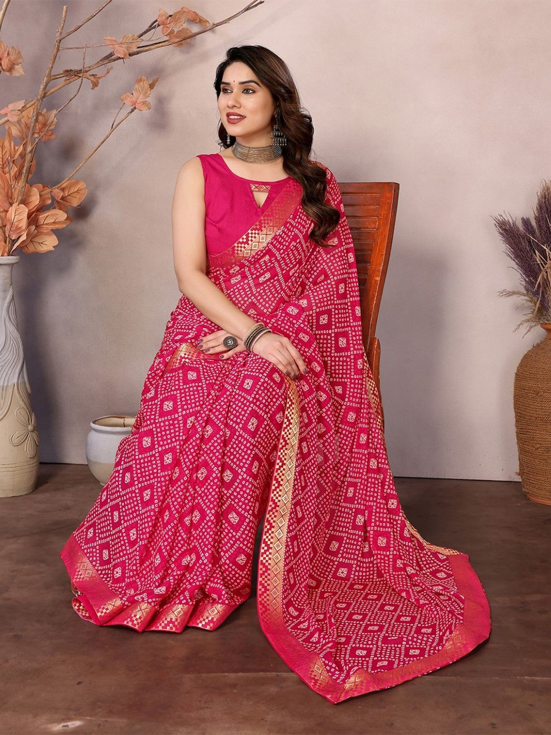 

KALINI Bandhani Zari Poly Georgette Bandhani Saree, Pink