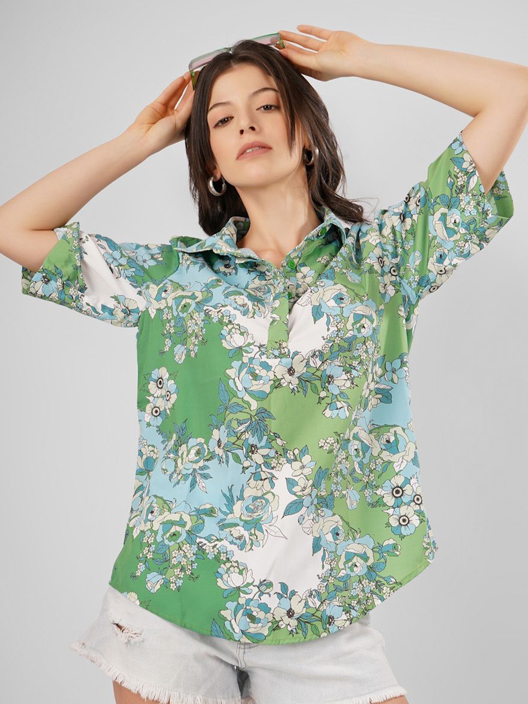 

Sukshat Floral Print Cold-Shoulder Crepe Shirt Style Top, Green