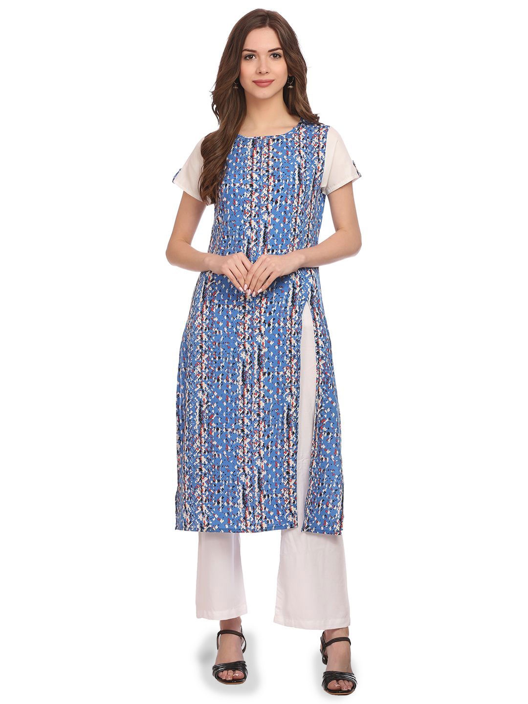 

VEGAL Abstract Printed Short Sleeves Round Neck Straight Kurta, Blue