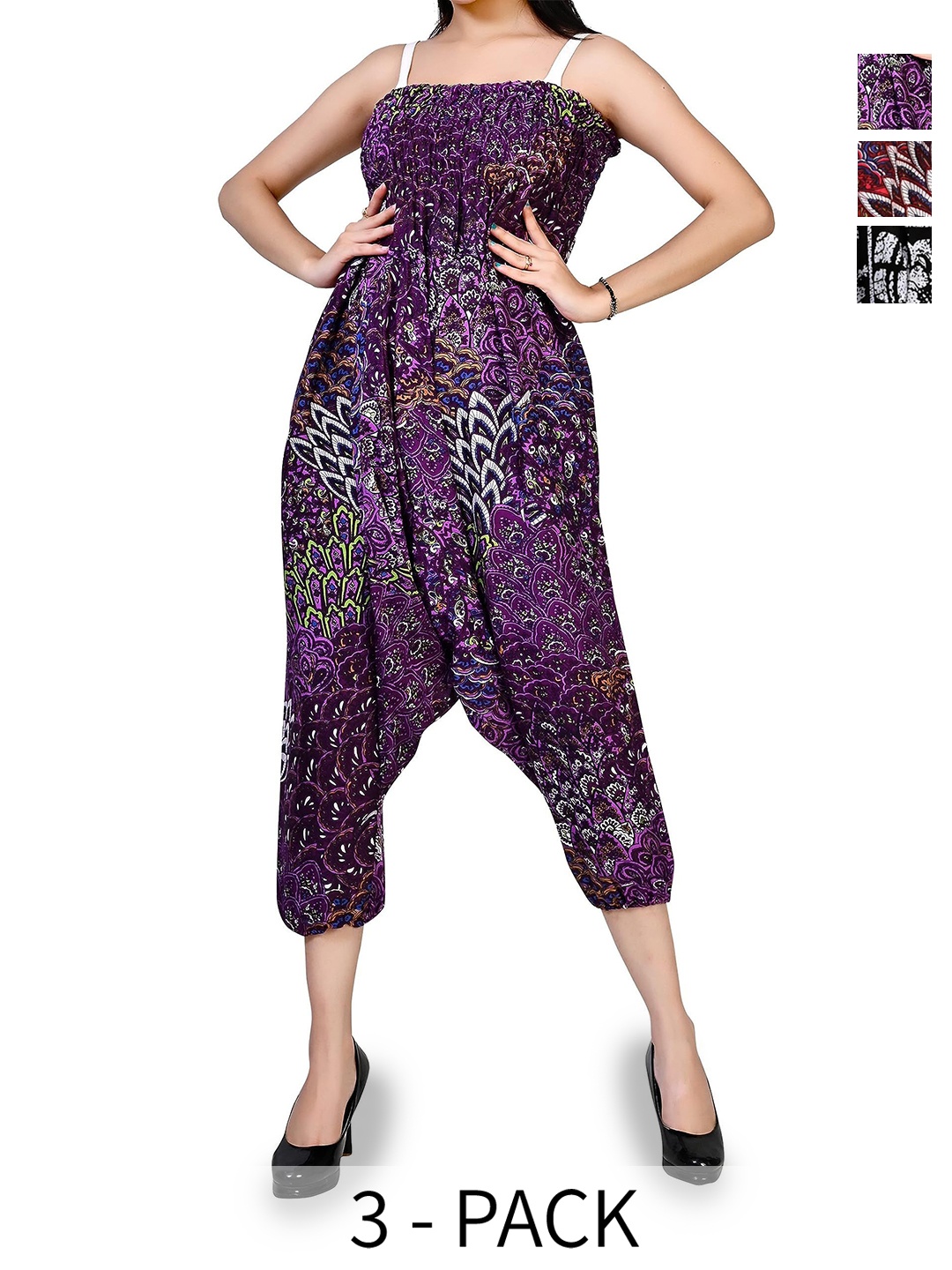 

NarNari Women Pack Of 3 Printed Loose Fit Mid-Rise Harem Pants, Purple