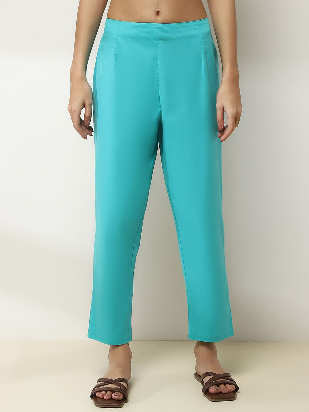 

Rangriti Women Cotton Comfort Low-Rise Trousers, Blue