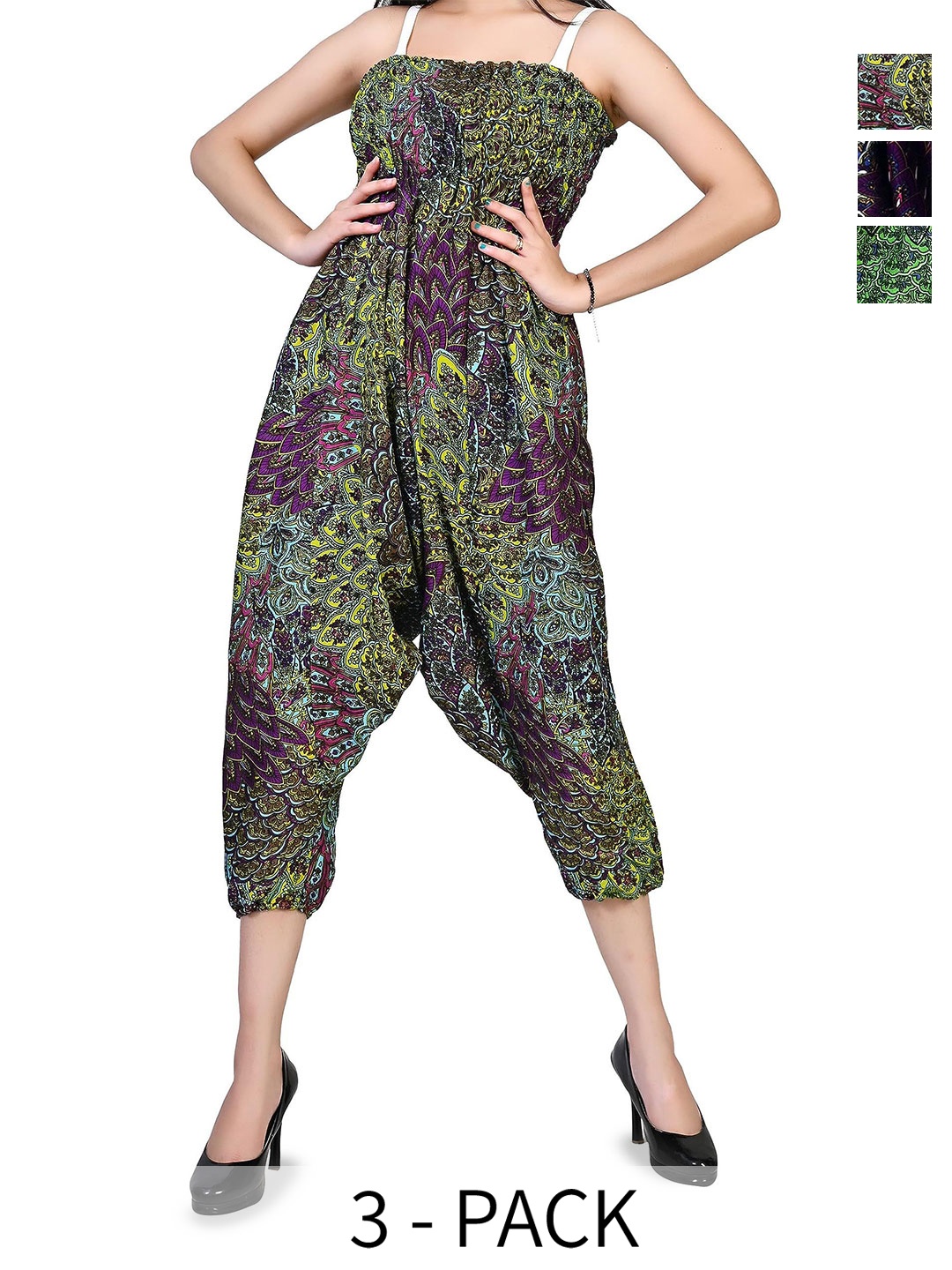 

NarNari Women Pack Of 3 Printed Mid-Rise Harem Pants, Green
