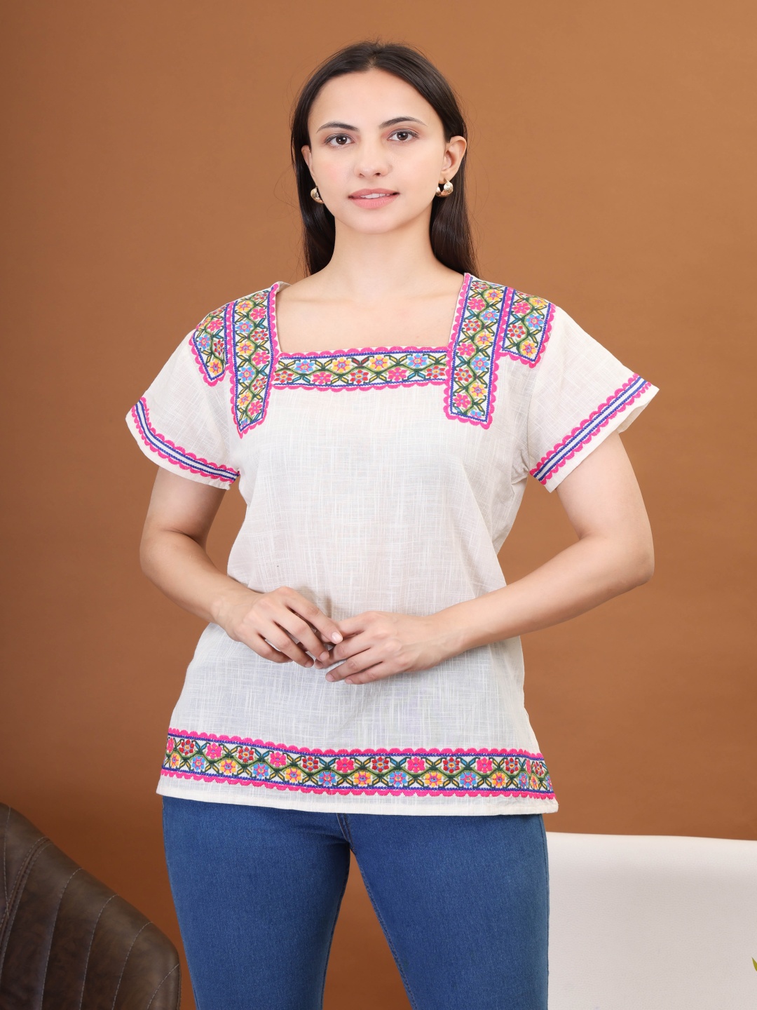 

Moda Rapido Women Floral Embroidered Flared Sleeves Pure Cotton Kurti, White