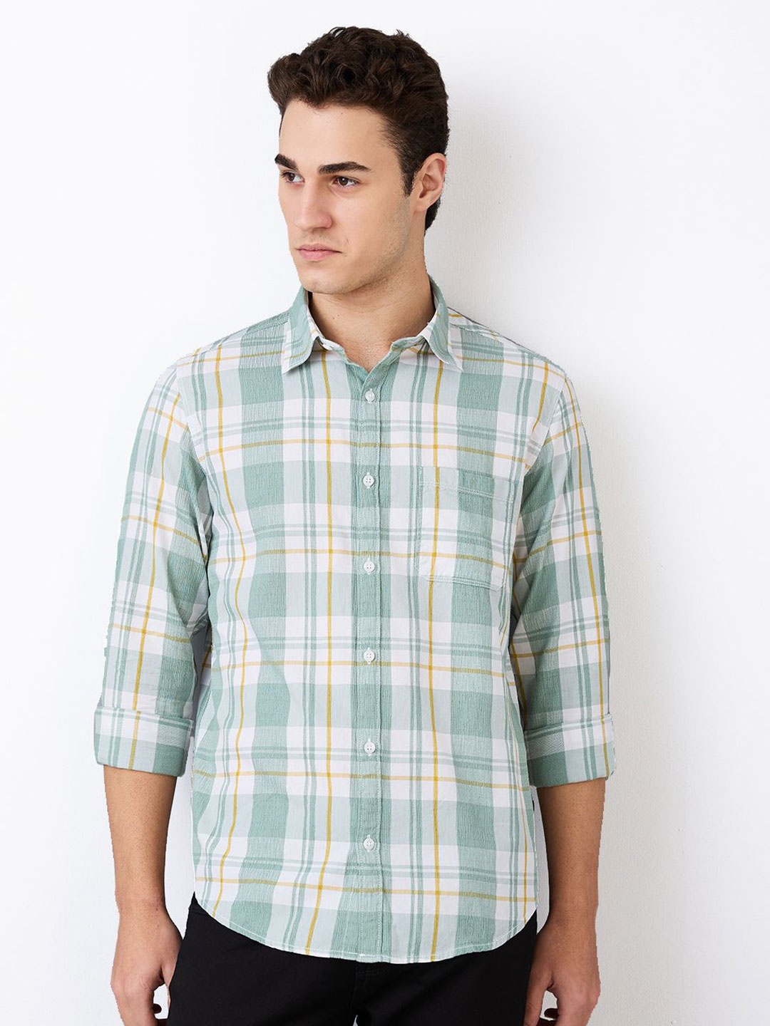 

SPYKAR Men Spread Collar Tartan Checked Cotton Casual Shirt, Blue