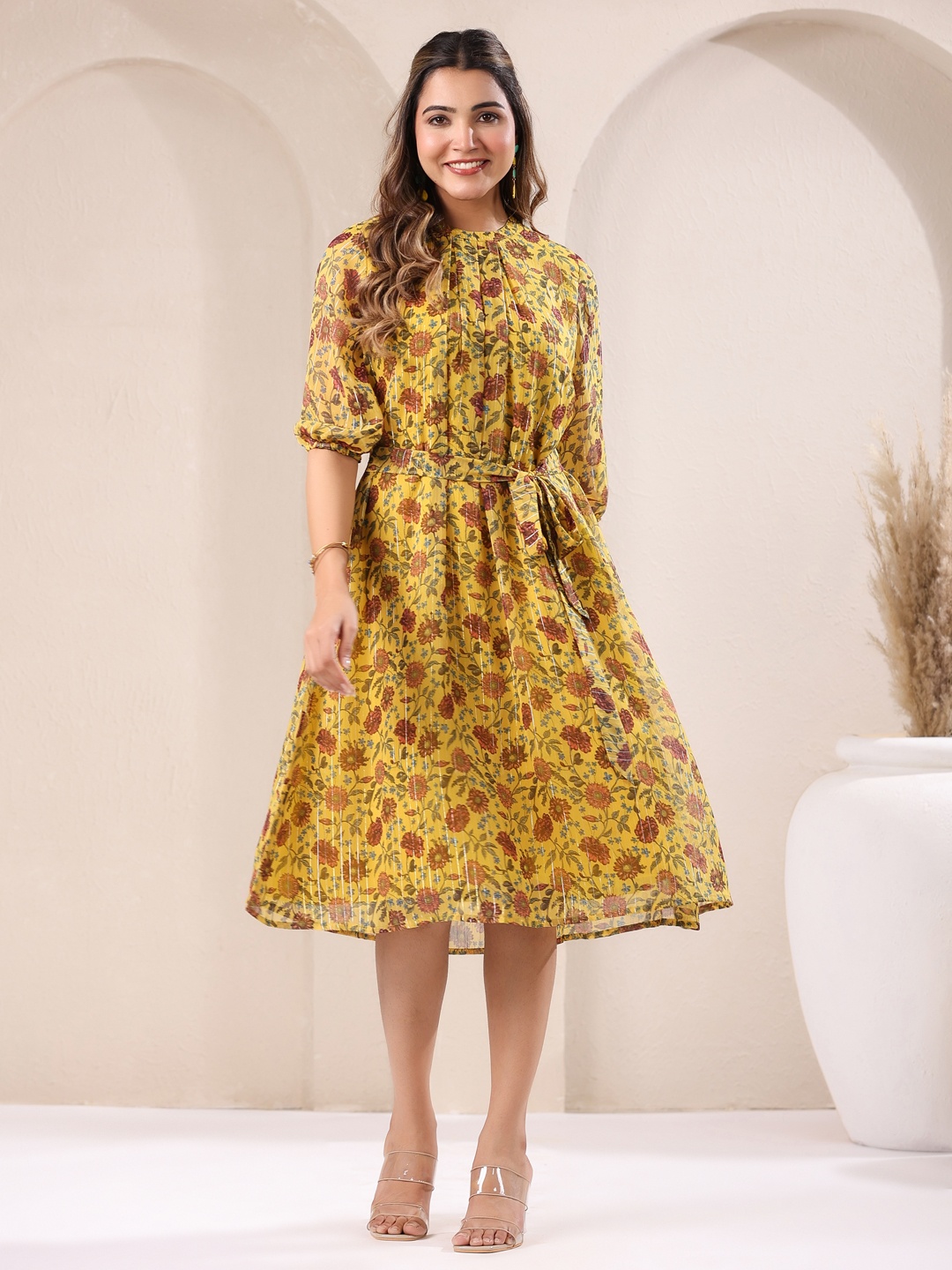 

Janasya Women Mustard Georgette Floral Printed A-Line Dress