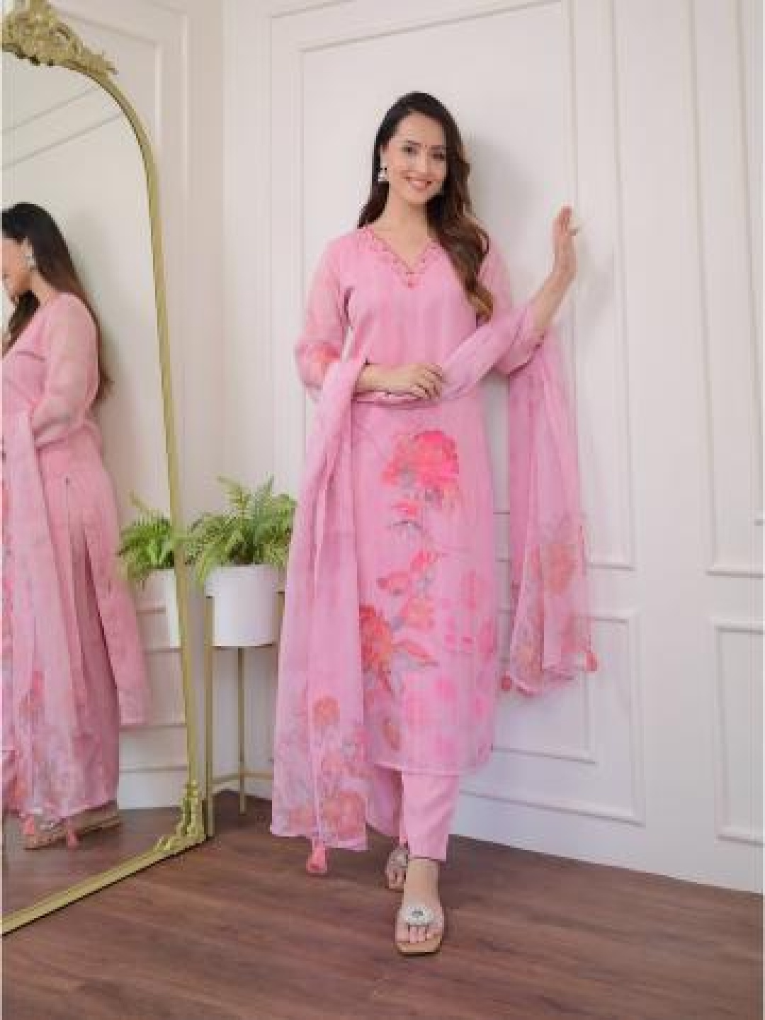 

Moda Rapido Pink Floral Printed V-Neck Embroidered Straight Kurta With Trousers & Dupatta