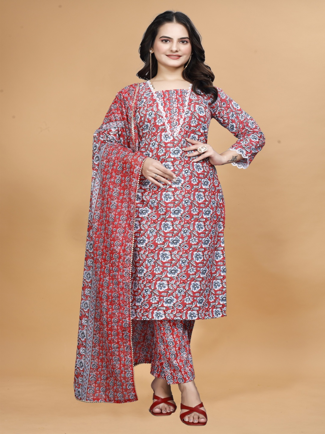 

Divyadham Textiles Floral Printed V-Neck Pure Cotton Straight Kurta With Trouser & Dupatta, Red