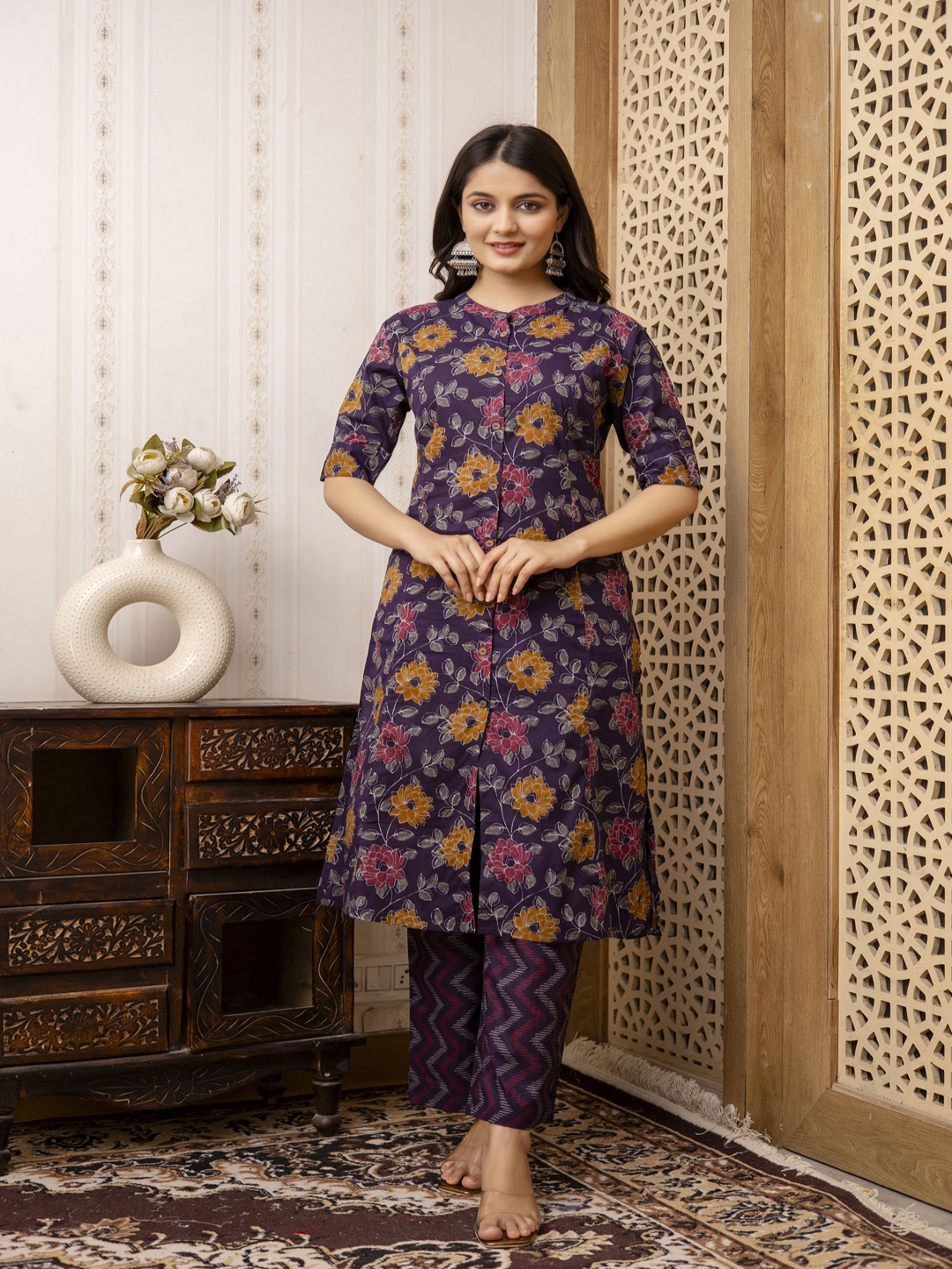 

MF Hayat Floral Printed Band Collar Pure Cotton A-Line Kurta with Trouser, Blue