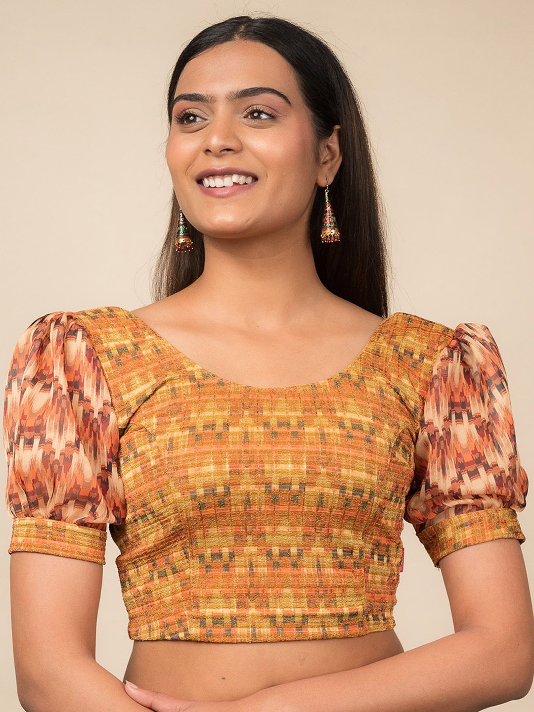 

Bindigasm's Advi Printed Puff Sleeves Stretchable Slip-On Saree Blouse, Mustard