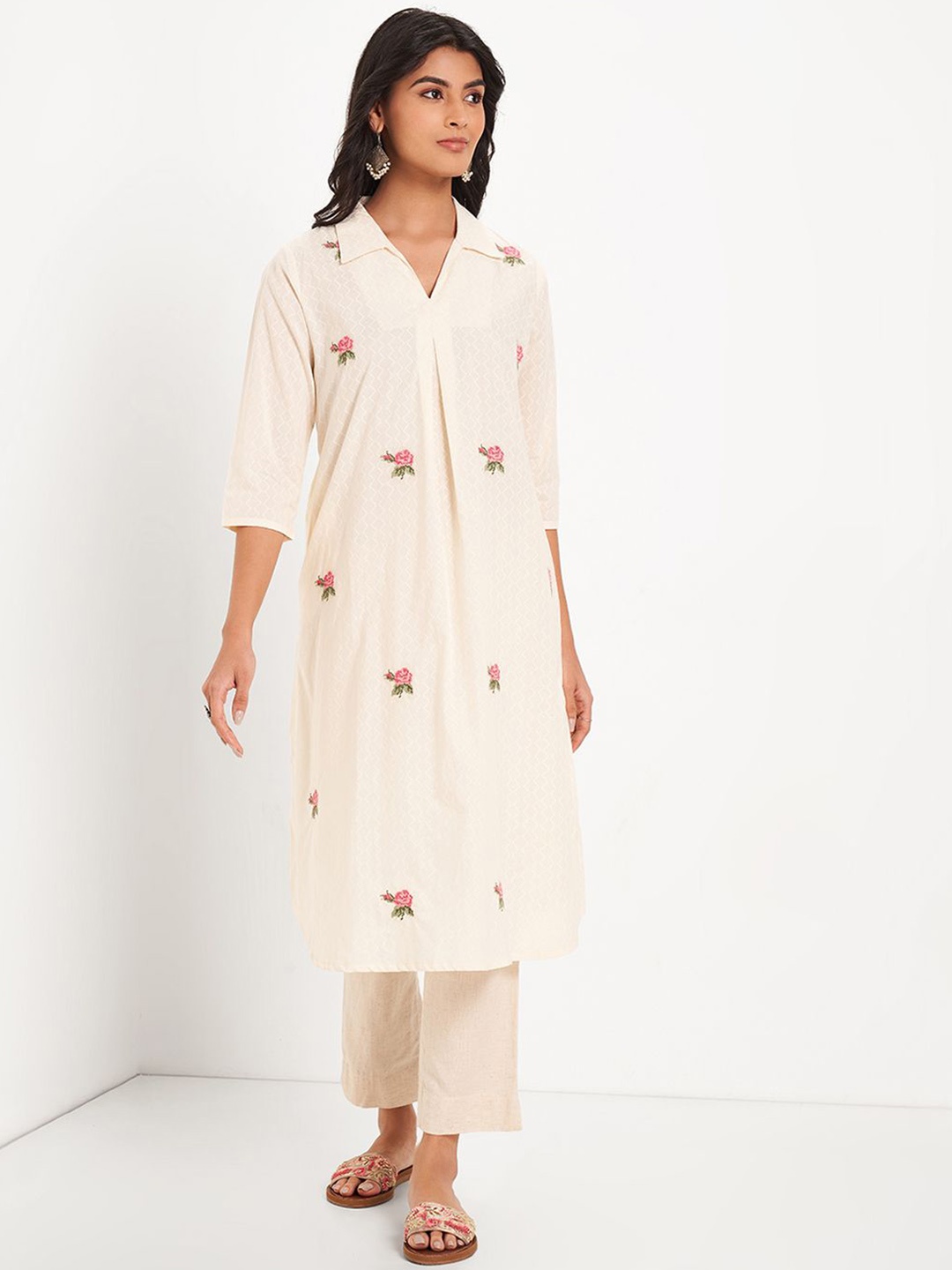 

RANGMANCH BY PANTALOONS Floral Printed Shirt Collar Straight Pure Cotton Kurta, Cream