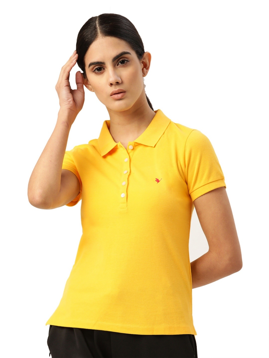 

AMSWAN Women Solid Polo Collar Cotton T-shirt, Yellow