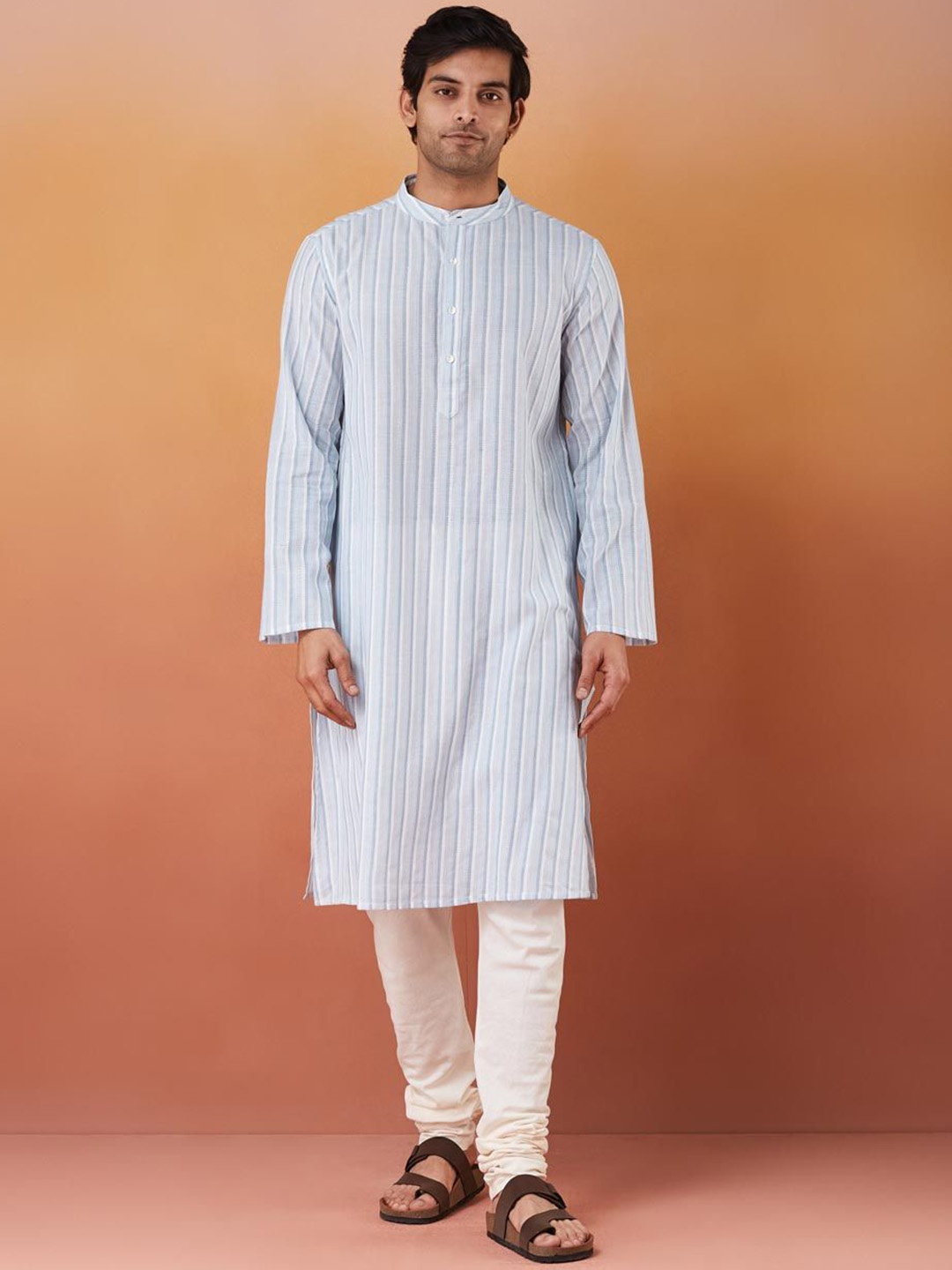 

Fabindia Men Striped Band Collar Cotton Straight Kurta, Blue