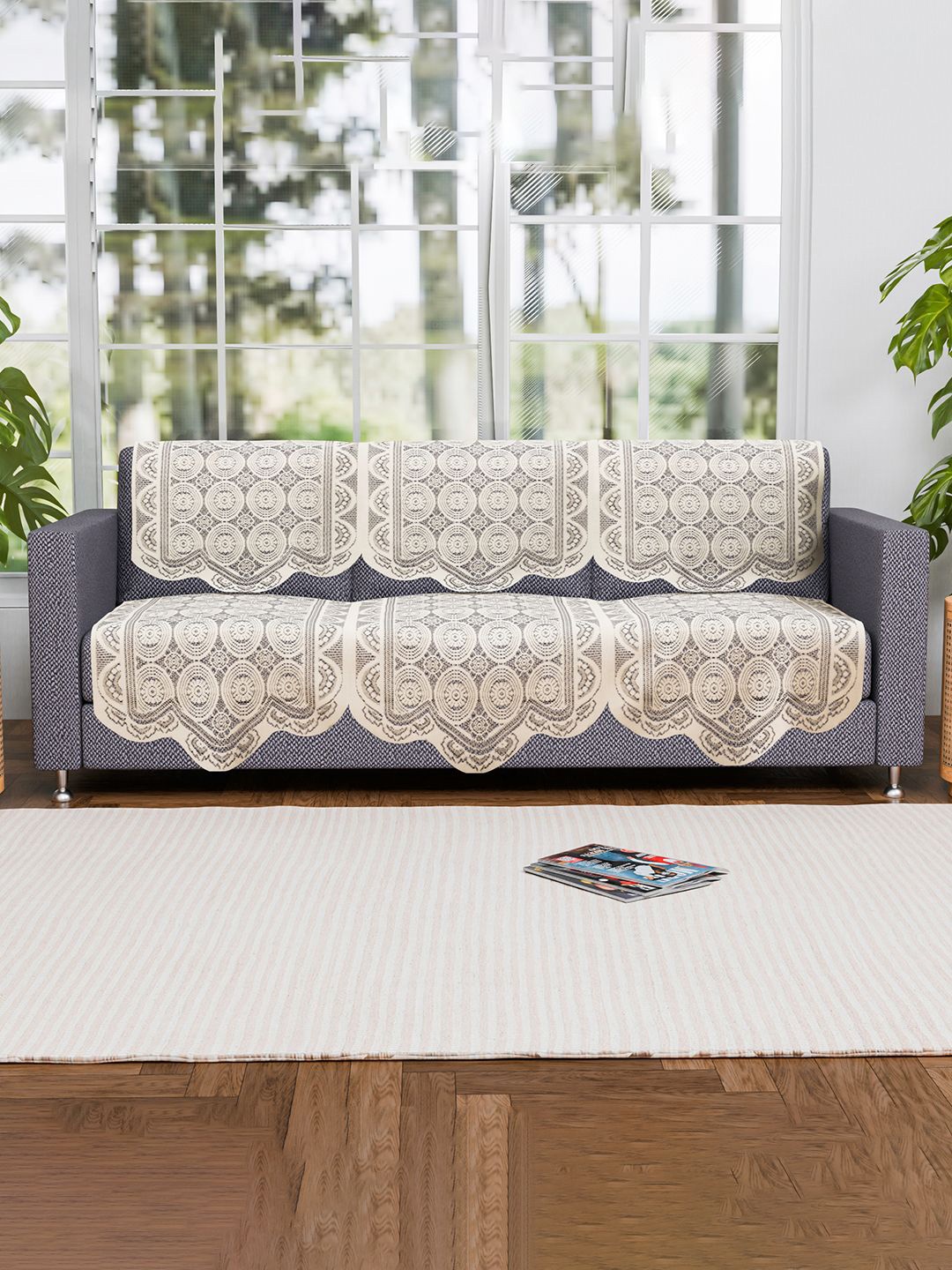 

Kuber Industries Off White 6 Pieces 3 Seater Self Design Cotton Sofa Covers