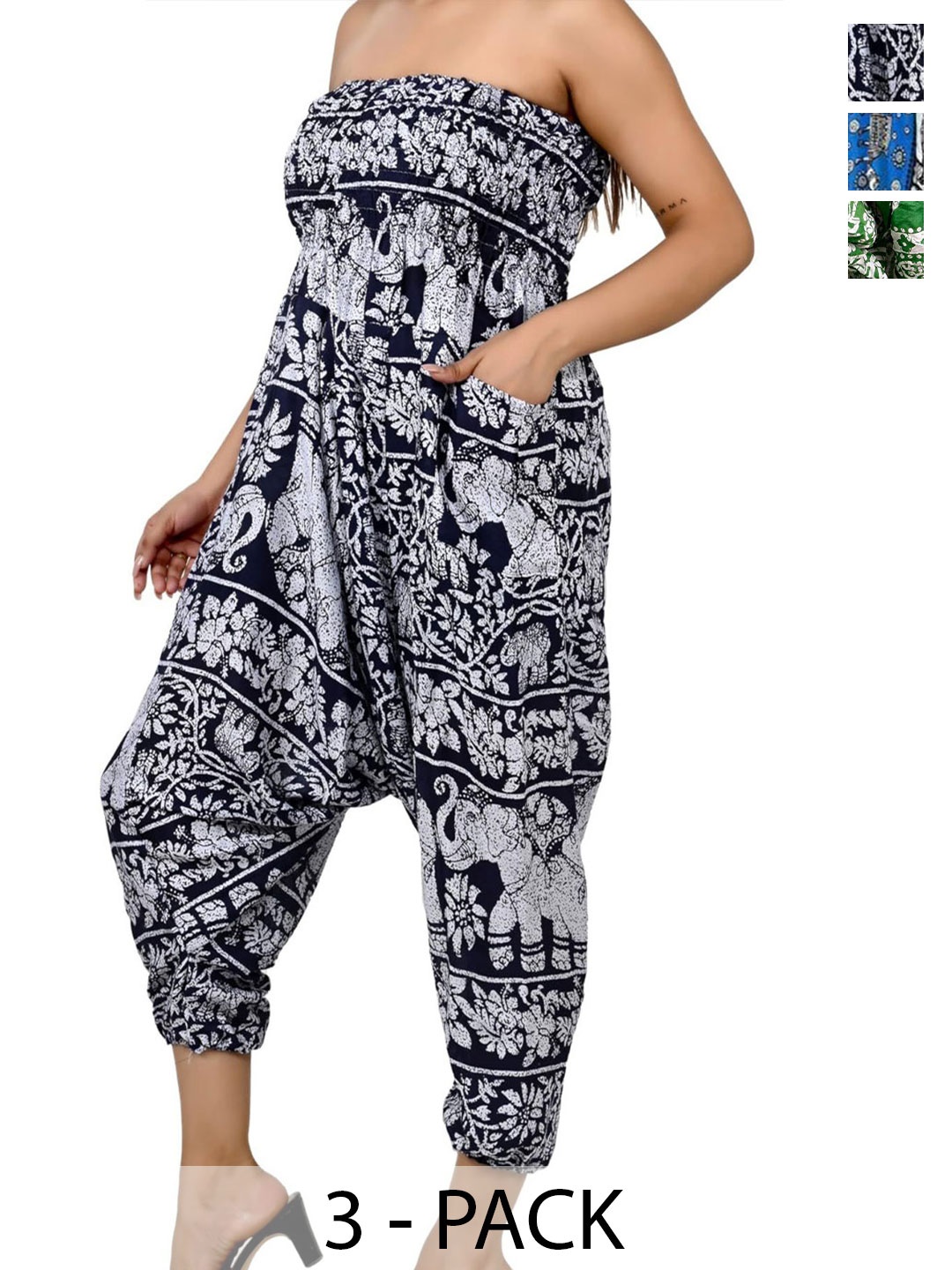 

NarNari Pack Of 3 Printed Mid-Rise Harem Pants, Black