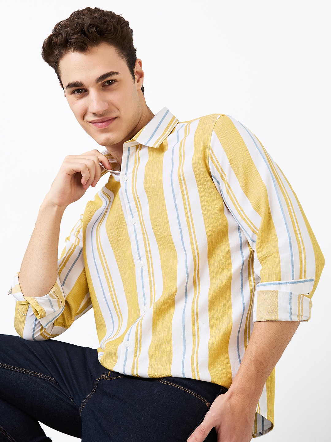 

SPYKAR Men Spread Collar Vertical Striped Cotton Casual Shirt, Yellow