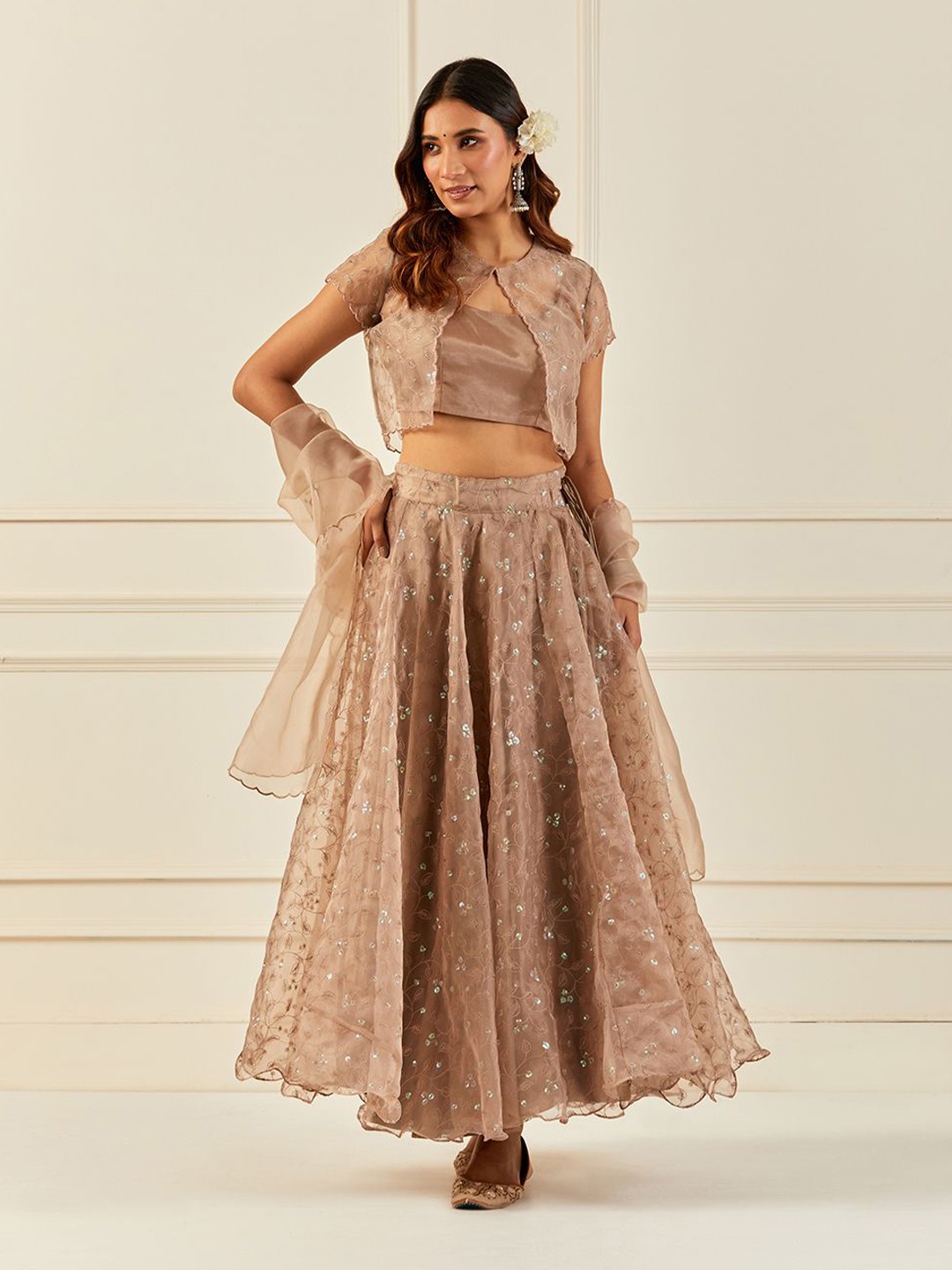 

Geroo Luxe Embroidered Sequinned Ready to Wear Lehenga & Blouse With Dupatta, Brown