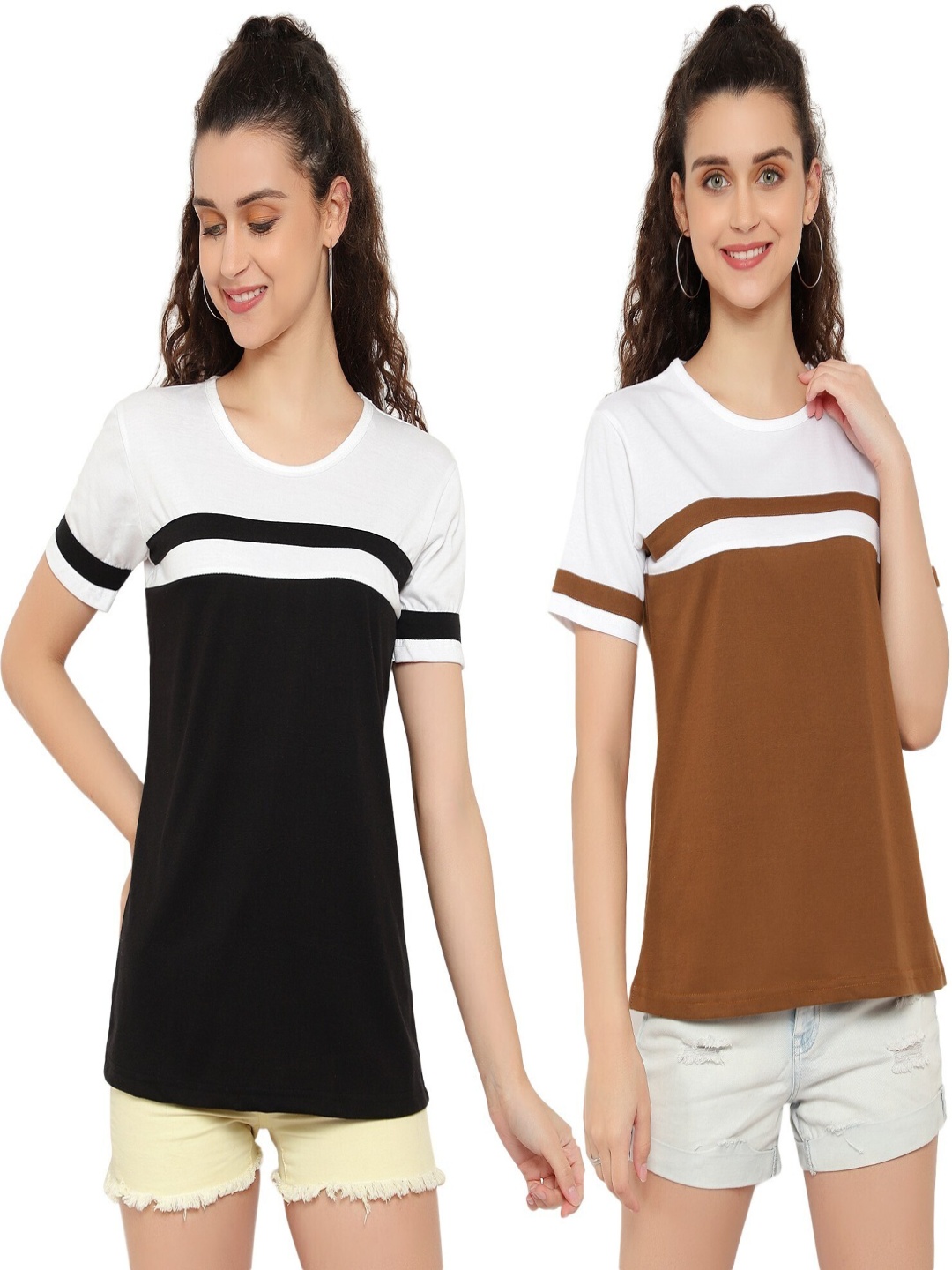 

DEEPMAYRA COLLECTION Women Pack Of 2 Colourblocked Round Neck Cotton T-shirts, Multi