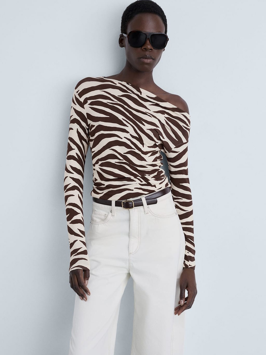 

MANGO Animal Print One Shoulder Crop Top, Off white