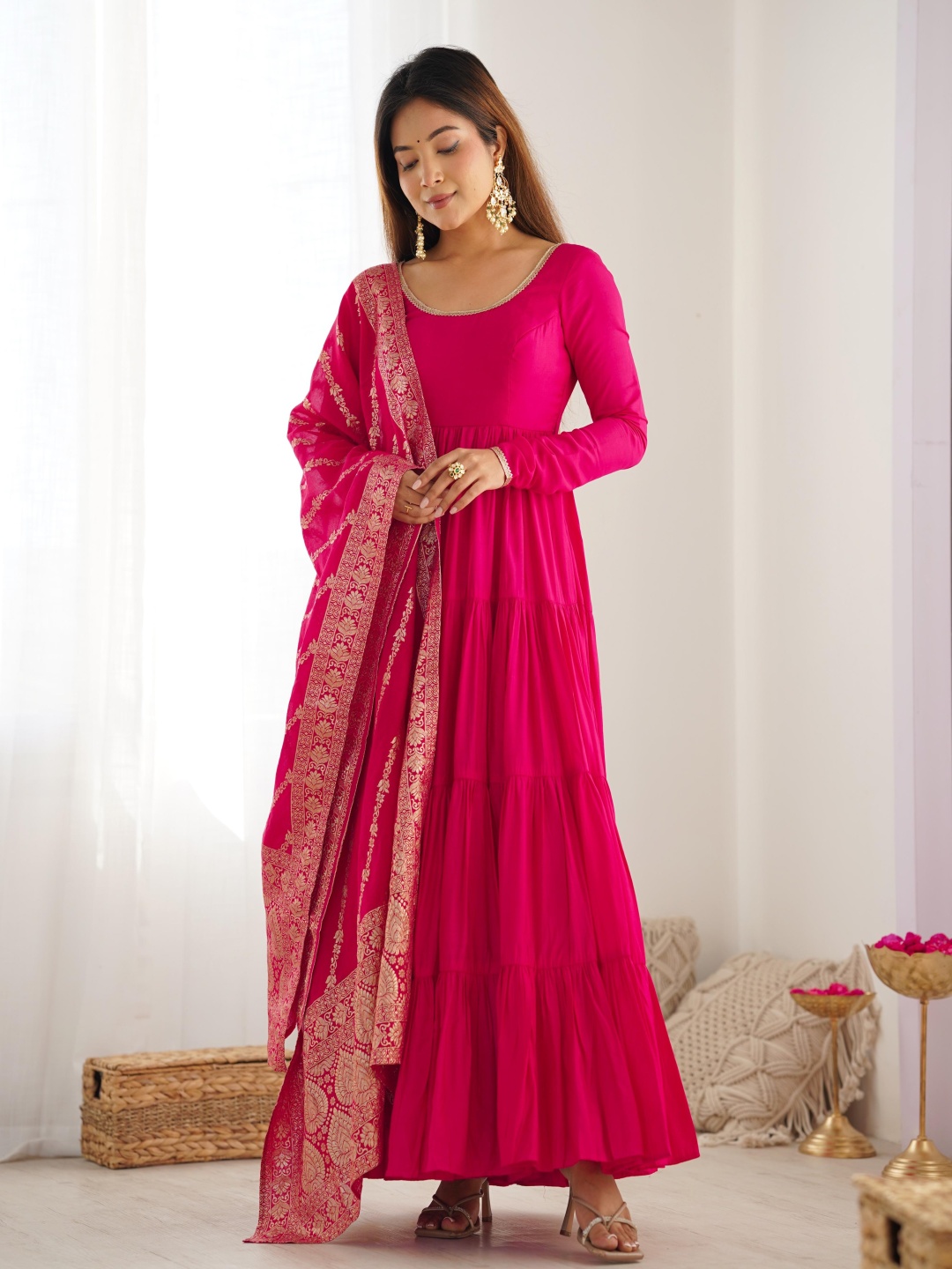 

Fusionic Floral Printed Pleated Round Neck Anarkali Kurta With Trousers And Dupatta, Pink