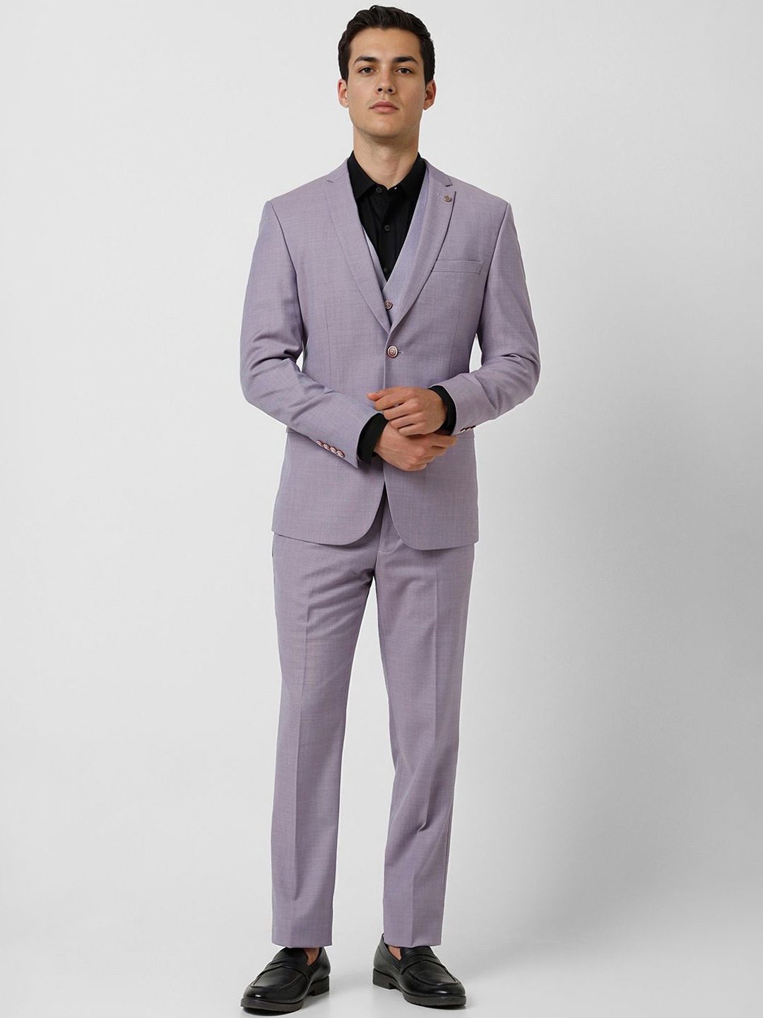 

Van Heusen Men Textured Slim Fit Single-Breasted Three Piece Party Suit, Purple