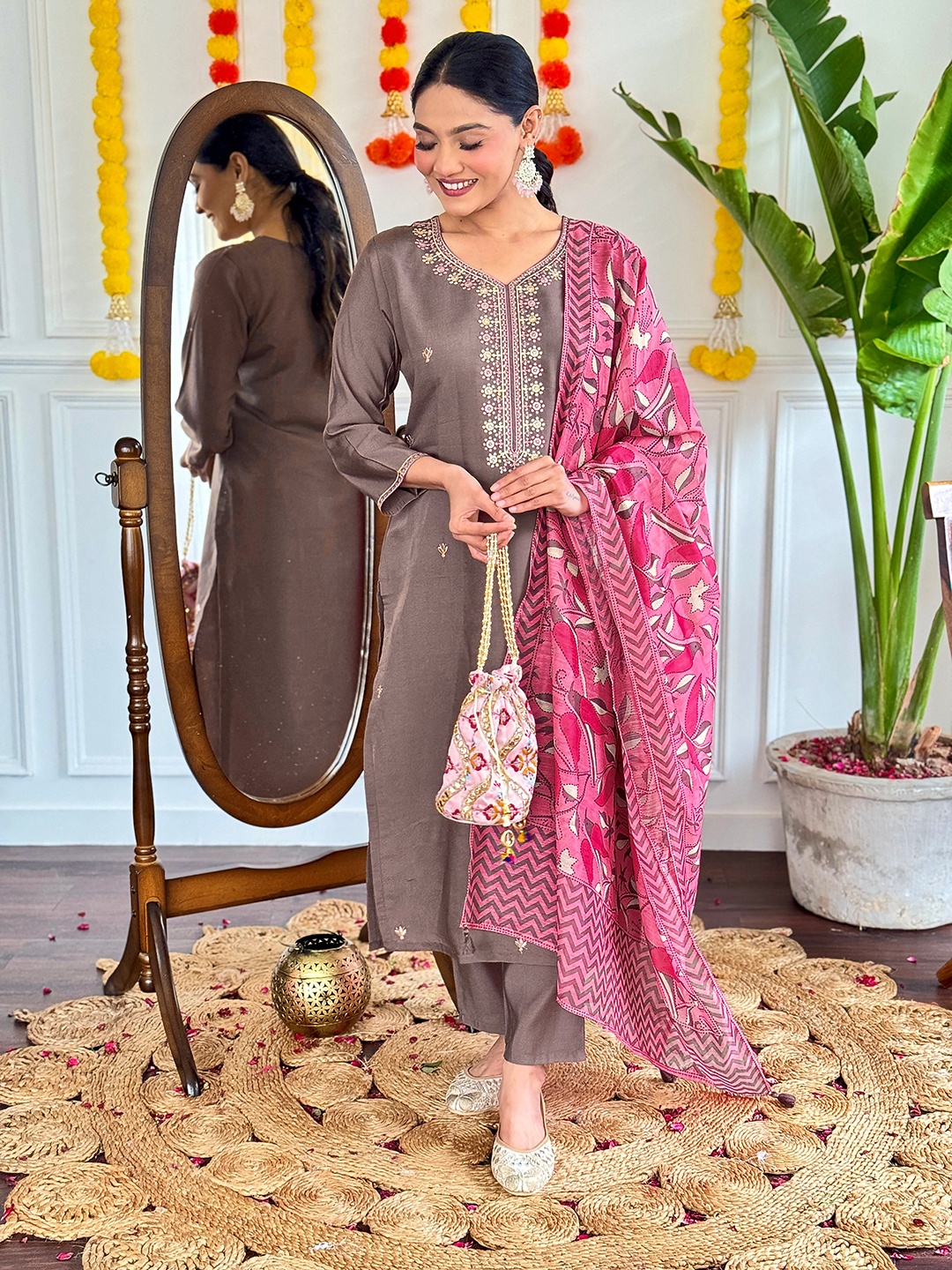 

KALINI Floral Embroidered Thread Work Chanderi Silk Kurta With Trouser And Dupatta, Brown